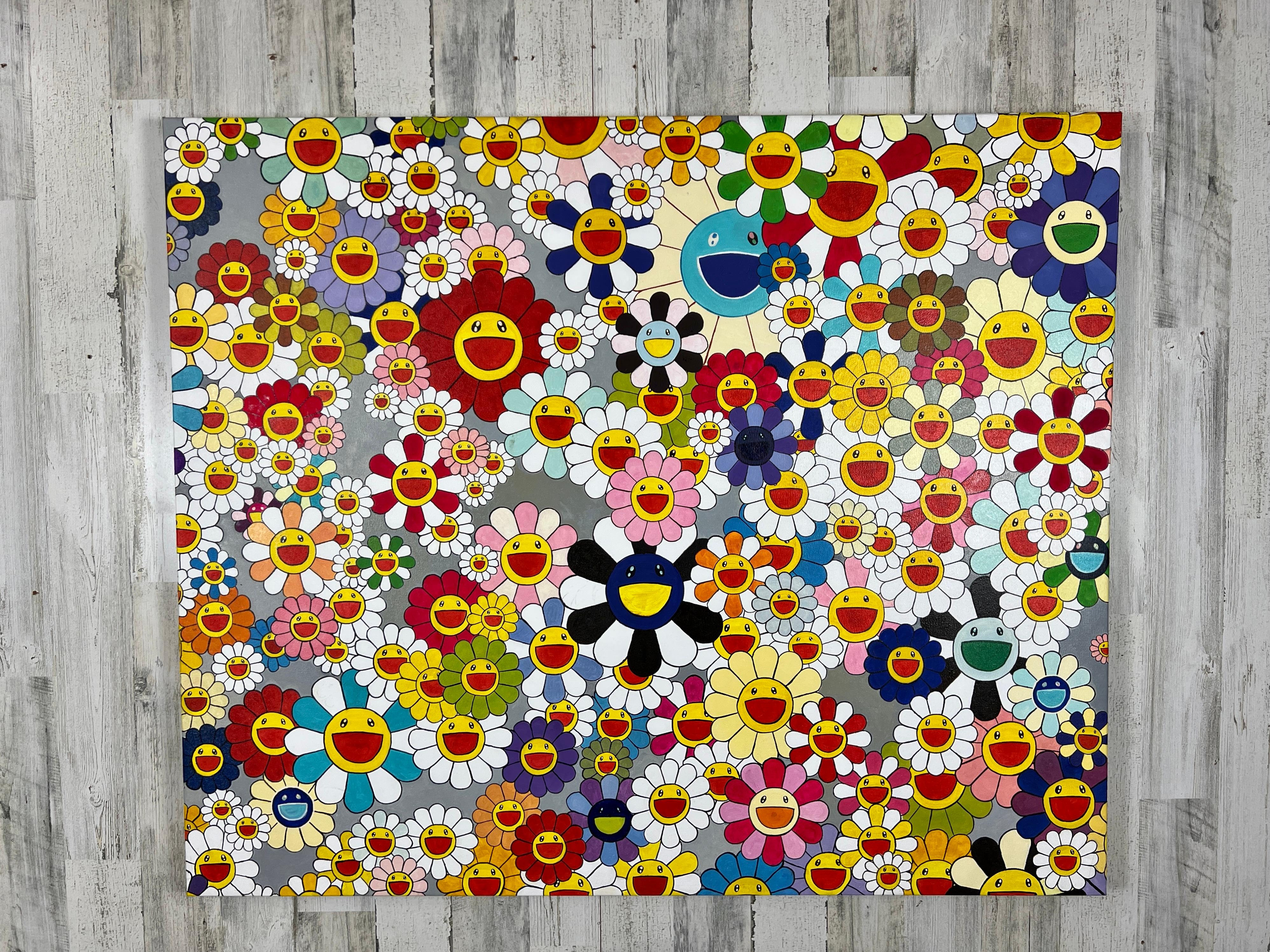 Oil on canvas in the style of Takashi Murakami . Very colorful pop art that can brighten any room. It is signed on the back please see pictures