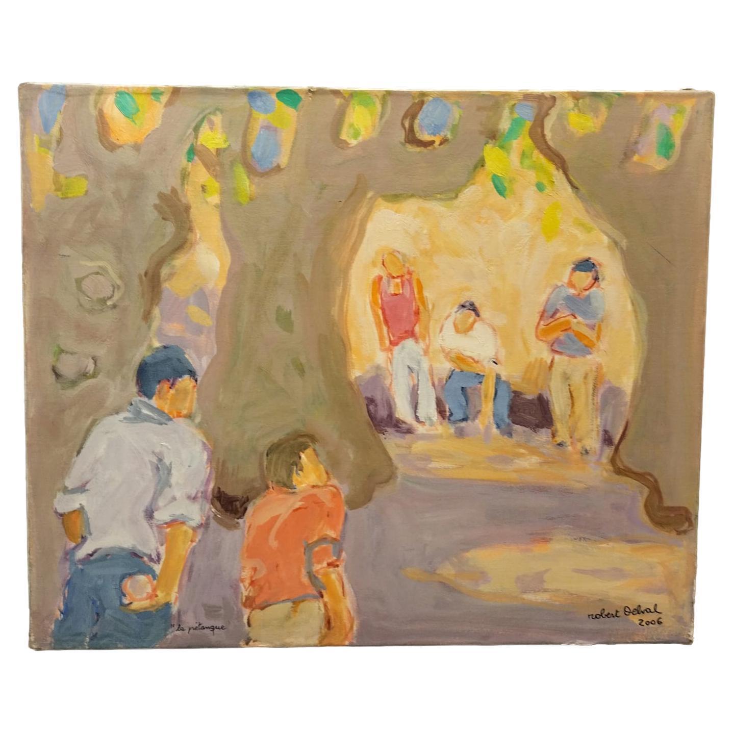 Peinture à l'huile sur toile "La Pétanque" de Robert DELVAL (1934-) en vente