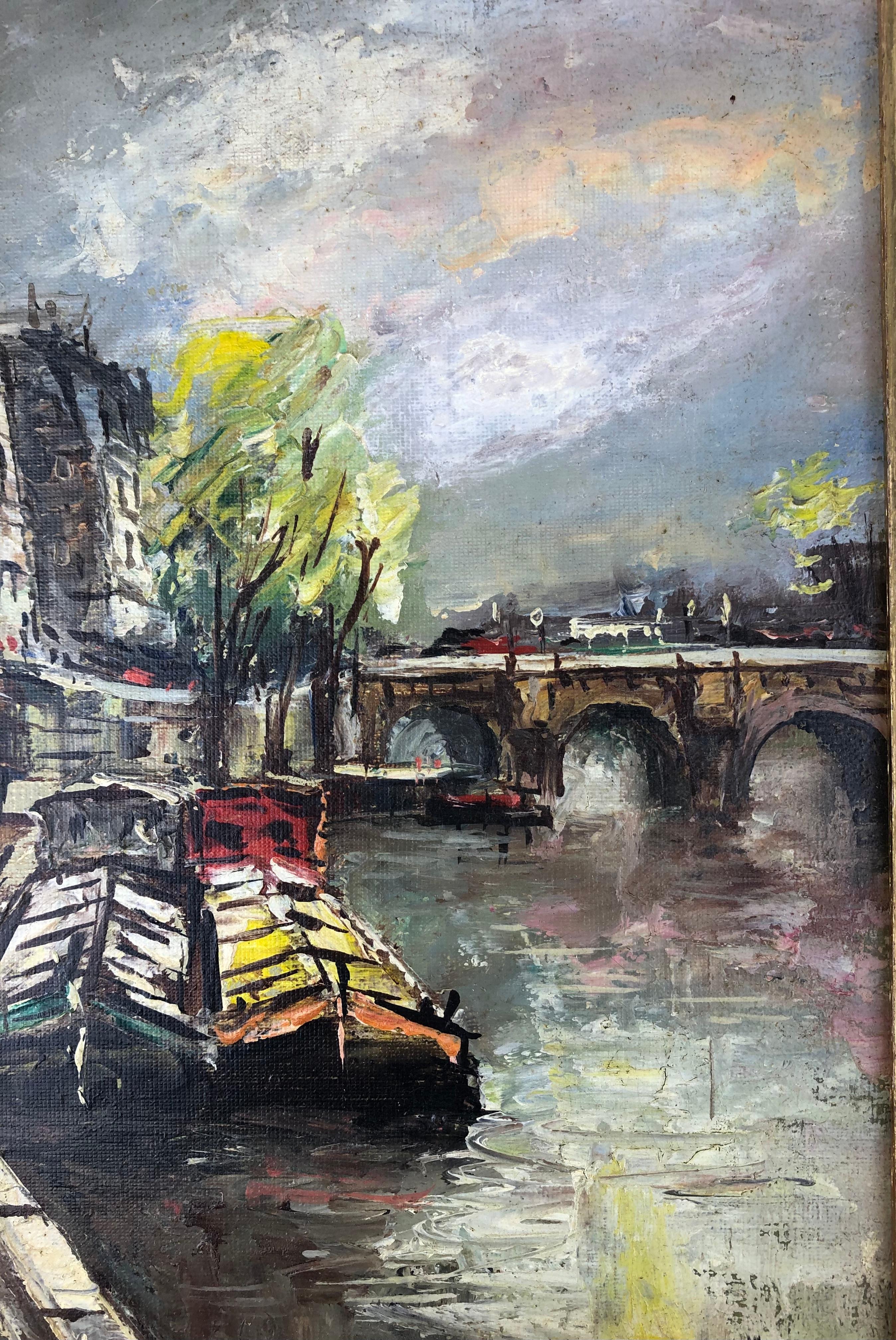 Français Peinture à l'huile sur toile française « Les Peniches Au Pont Neuf » à Paris, France en vente