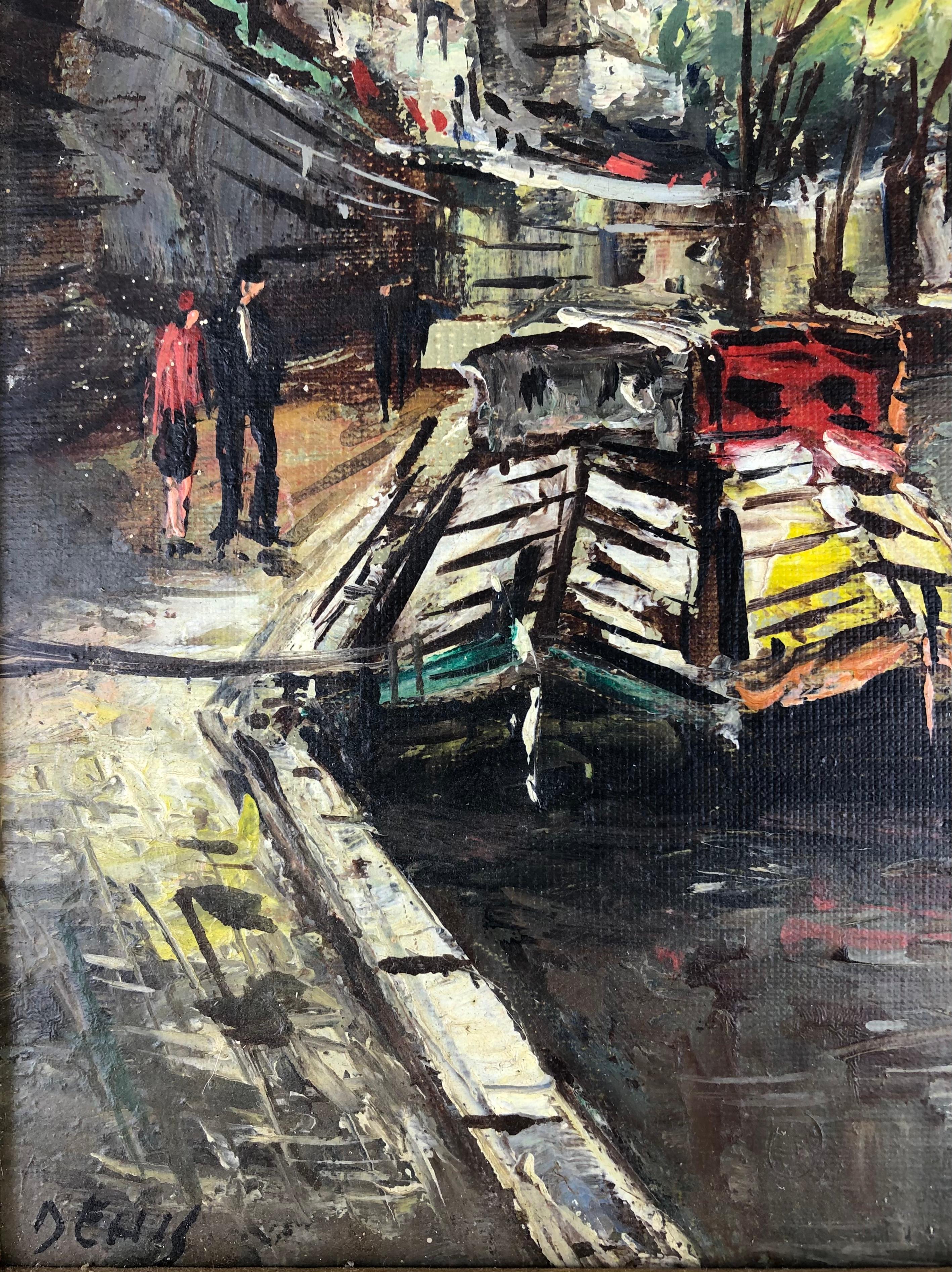 Peinture à l'huile sur toile française « Les Peniches Au Pont Neuf » à Paris, France Bon état - En vente à Miami, FL