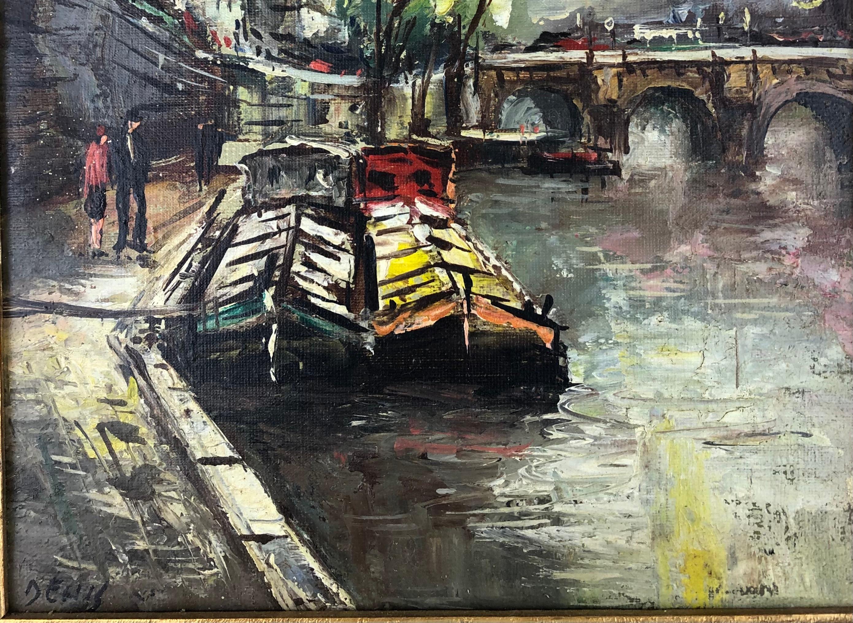 20ième siècle Peinture à l'huile sur toile française « Les Peniches Au Pont Neuf » à Paris, France en vente