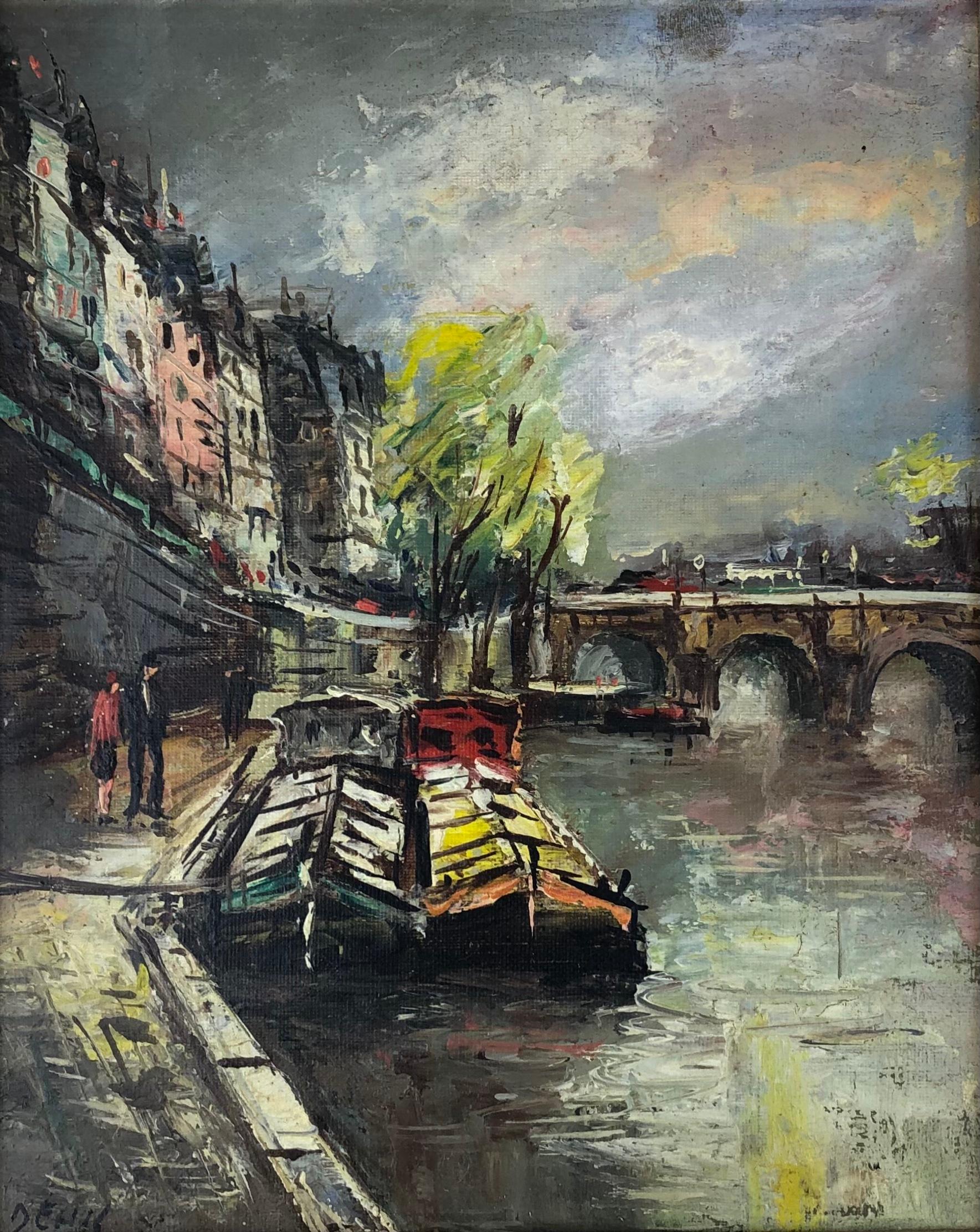 Toile Peinture à l'huile sur toile française « Les Peniches Au Pont Neuf » à Paris, France en vente