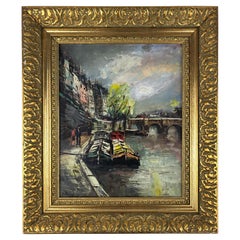 Oil on Canvas Painting "Les Peniches Au Pont Neuf" in Paris France, Signed