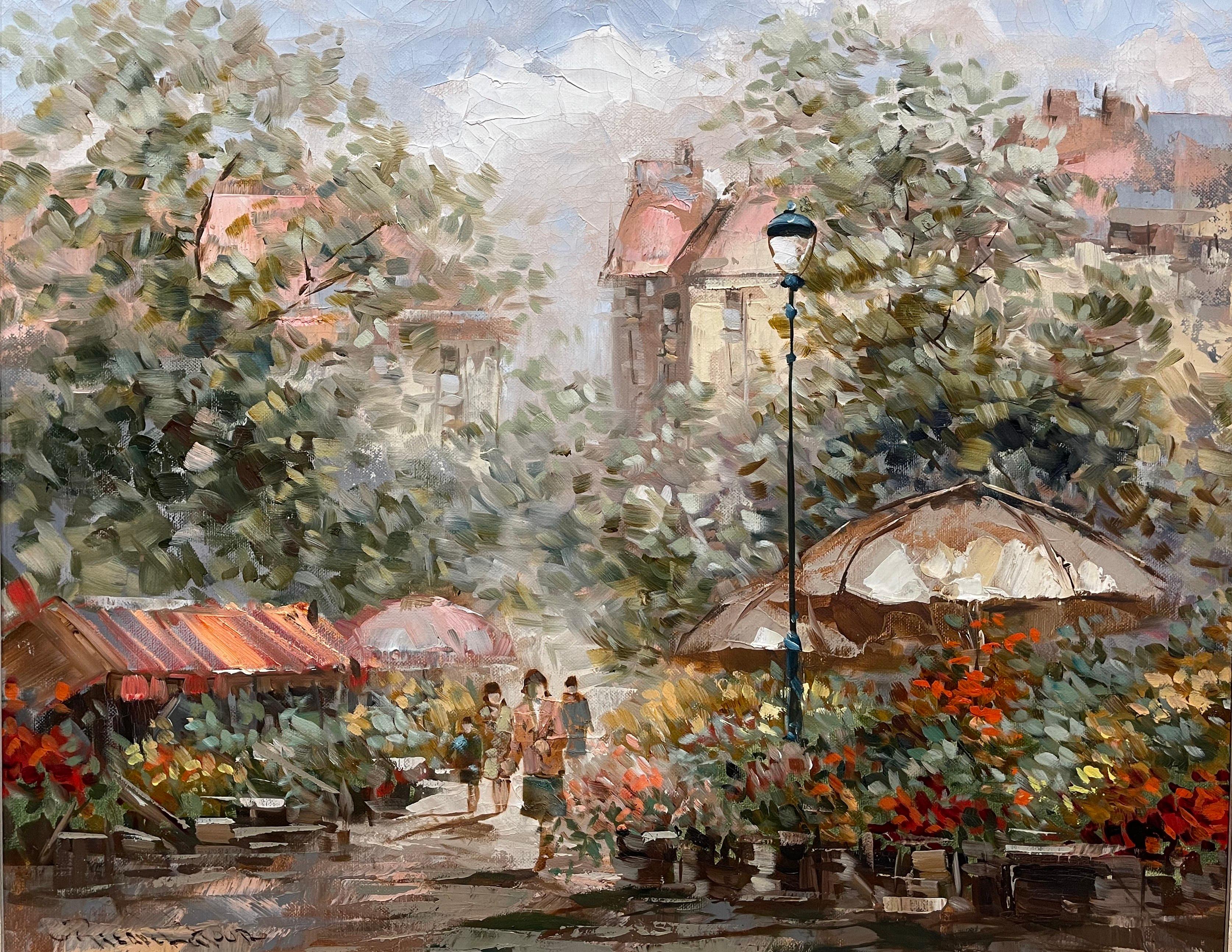 Set in a carved painted frame, this large and colorful painting was created in France circa 1980. The artwork, signed in the lower left corner by the artist Pierre Latour, depicts a typical Parisian outdoor flower market on a square with women