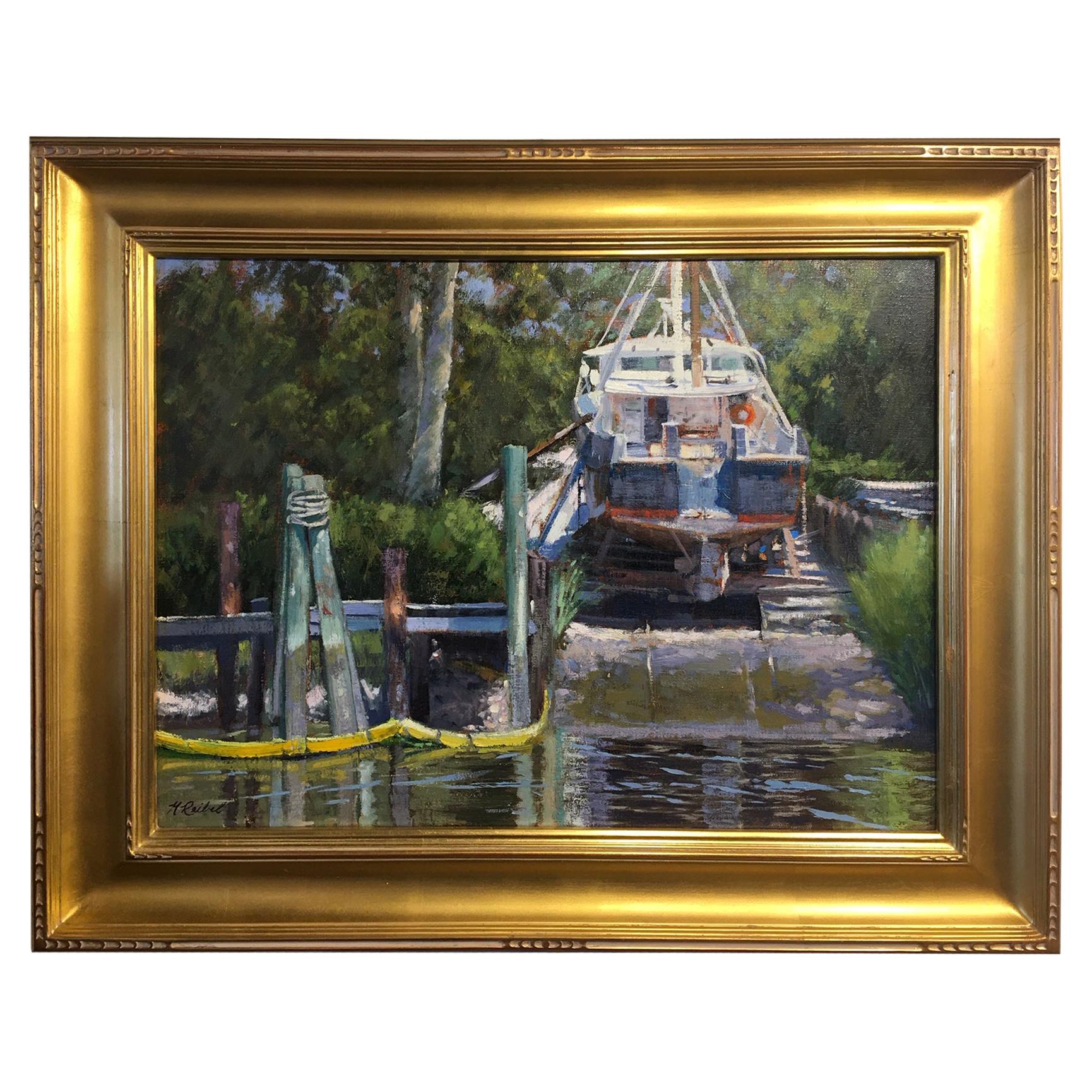 Oil on Canvas Painting "Needs Some Lovin" Shrimp Boat, Michael Reibel