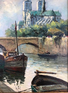 Oil on Canvas Painting Notre Dame Cathedral and the Seine Paris Signed A. Bern