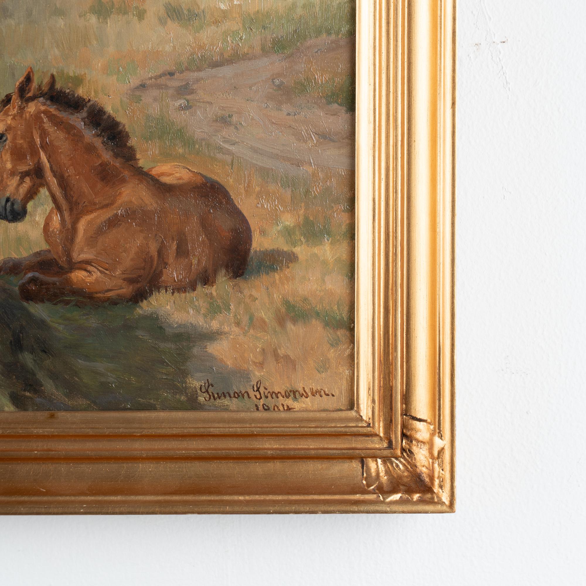 Öl auf Leinwand Gemälde von 2 Pferden und Blattwerk, signiert und datiert Simon Simonsen, 1904 5