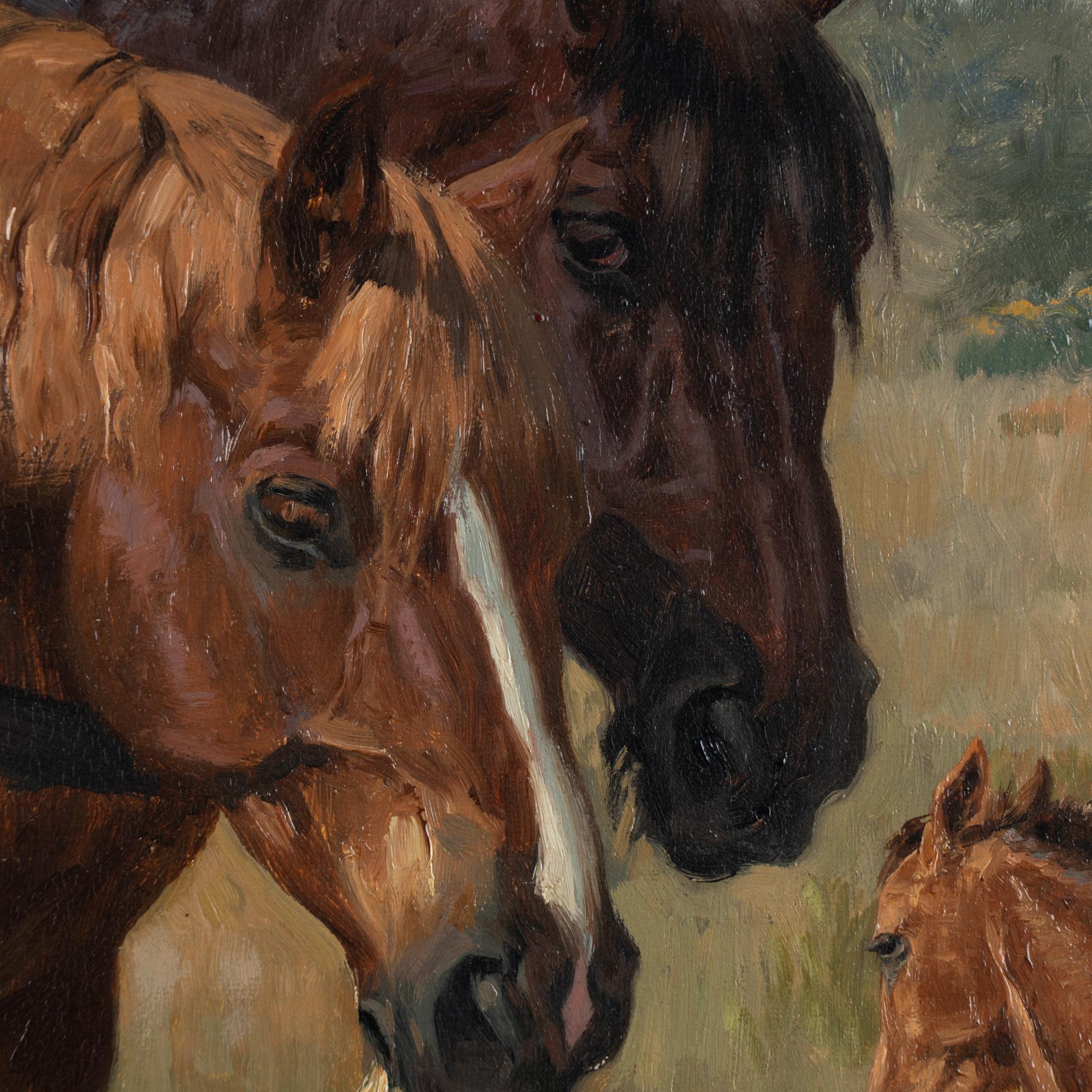 Öl auf Leinwand Gemälde von 2 Pferden und Blattwerk, signiert und datiert Simon Simonsen, 1904 im Zustand „Gut“ in Round Top, TX