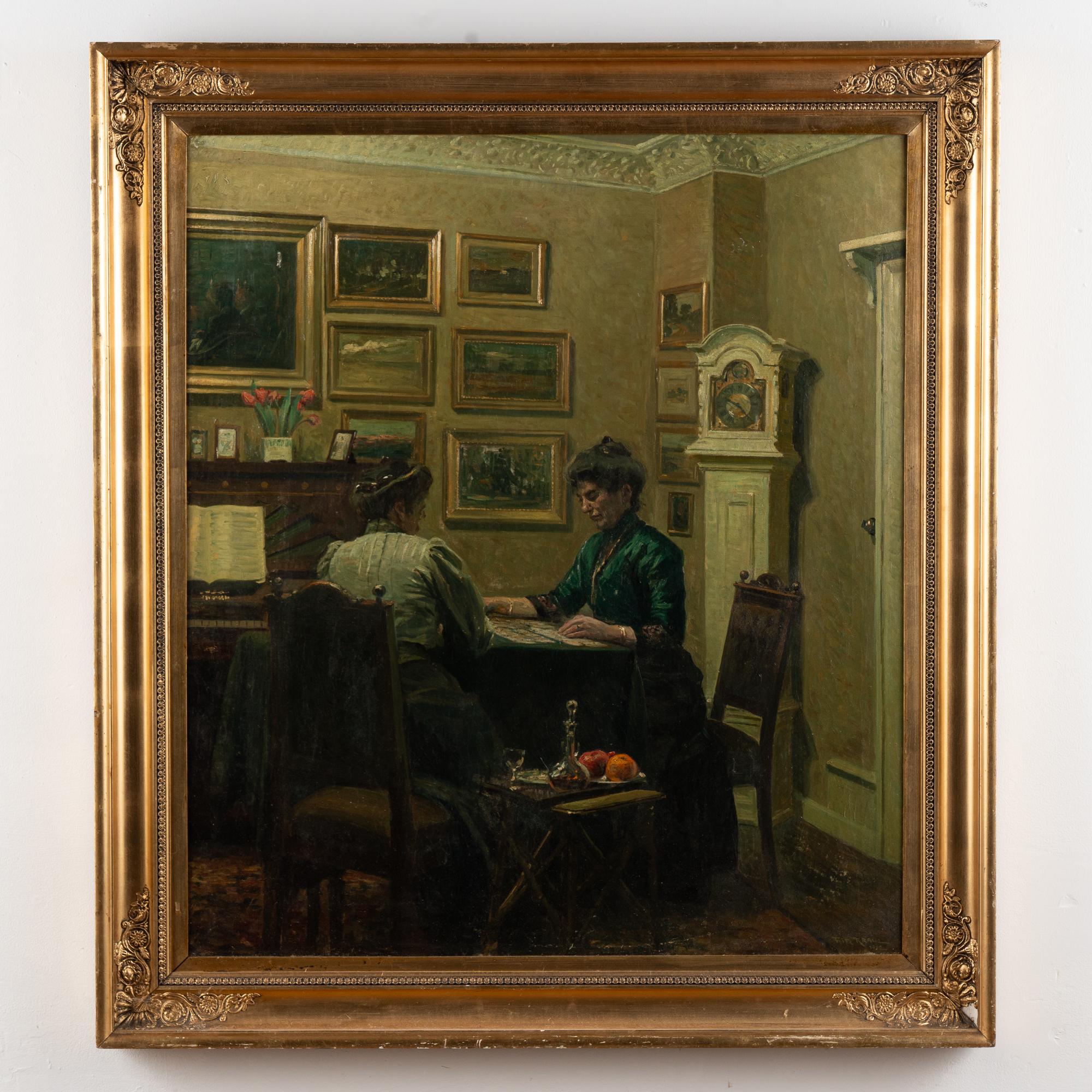 Original Öl auf Leinwand Gemälde von Interieur mit zwei Frauen an einem Kartentisch. Signiert und datiert Fritz Kraul 1912.
Zustand: Eine Reparatur auf der Rückseite. Craquelure sichtbar und minimal peelings.canvas wird von der Reinigung, die wir