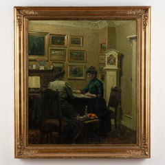 Oil on Canvas Painting of 2 Women Playing Cards, Signed & dated Fritz Kraul 1912