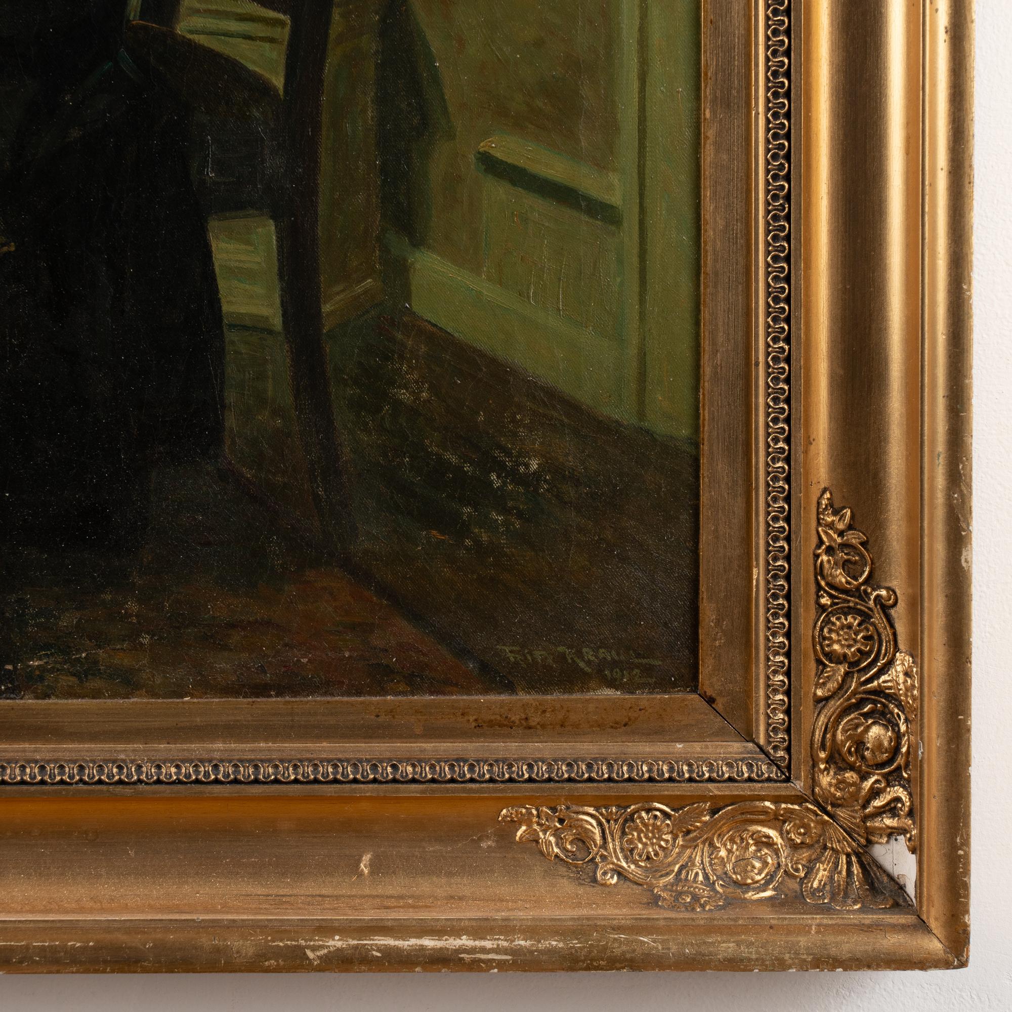 Öl auf Leinwand Gemälde von 2 Spielkarten einer Frau, signiert und datiert Fritz Kraul 1912, Öl (Dänisch) im Angebot