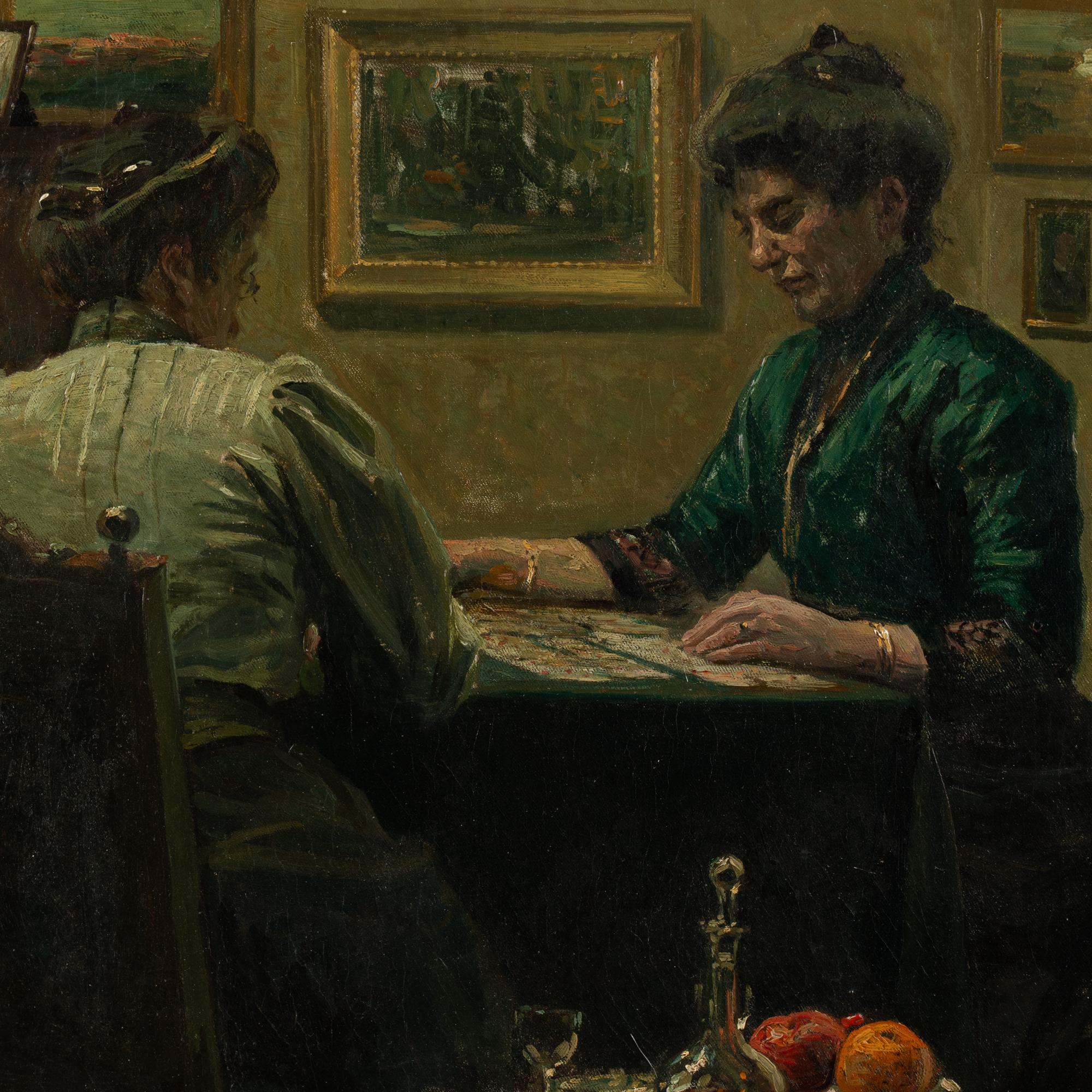 Öl auf Leinwand Gemälde von 2 Spielkarten einer Frau, signiert und datiert Fritz Kraul 1912, Öl im Angebot 2