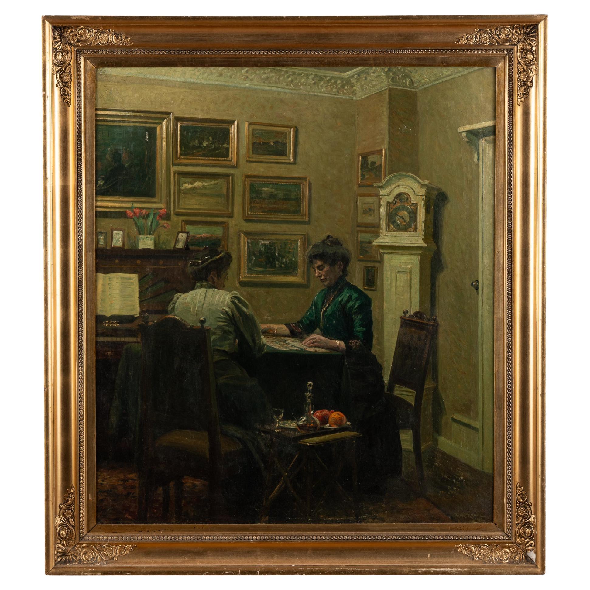 Oil on Canvas Painting of 2 Women Playing Cards, Signed & dated Fritz Kraul 1912