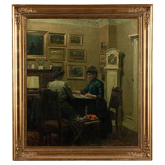 Antique Oil on Canvas Painting of 2 Women Playing Cards, Signed & dated Fritz Kraul 1912