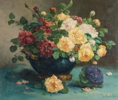 Oil on Canvas, Painting of a Bouquet of Flowers, Napoleon III, 19th Century.