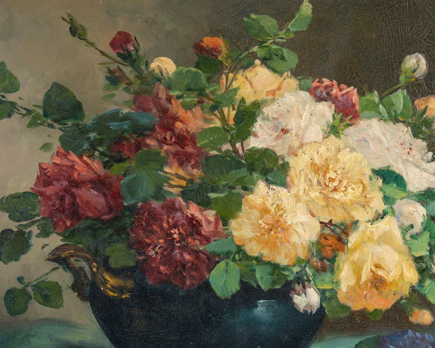 Francese Olio su tela, Dipinto di un bouquet di fiori, Napoleone III, XIX secolo. in vendita