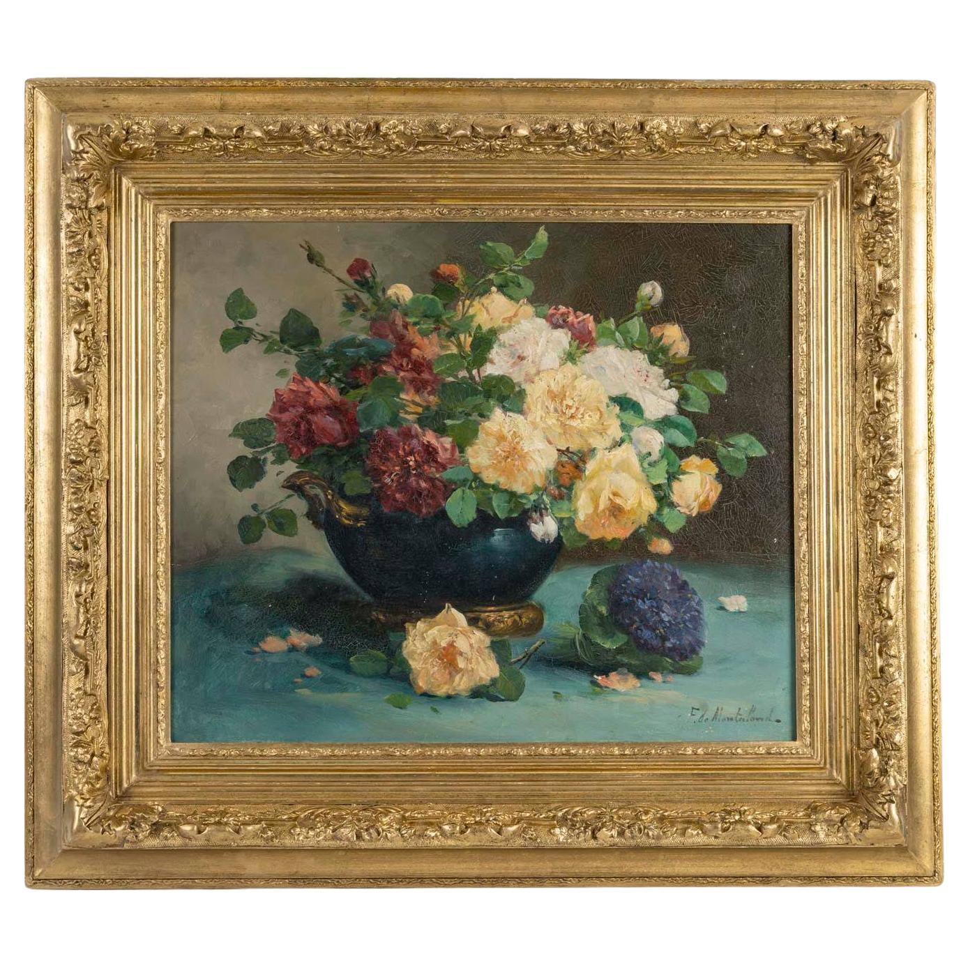 Oil on Canvas, Painting of a Bouquet of Flowers, Napoleon III, 19th Century.