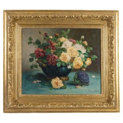 Oil on Canvas, Painting of a Bouquet of Flowers, Napoleon III, 19th Century.