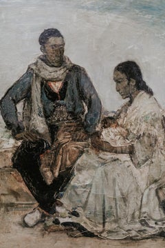 Pittura olio su tela di una famiglia gitana