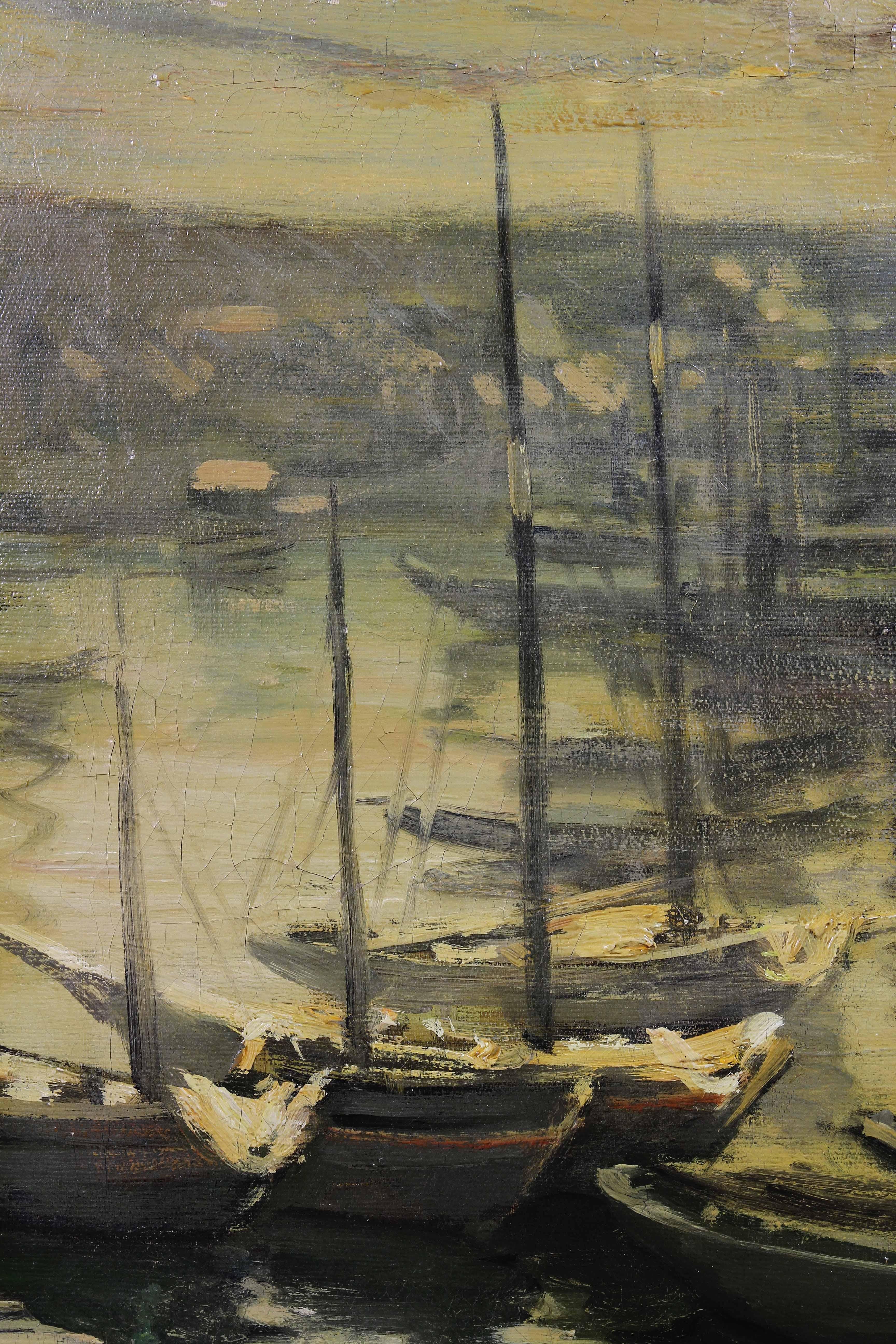 American Oil On Canvas Painting Of A Harbor Scene by Lillian Genthe