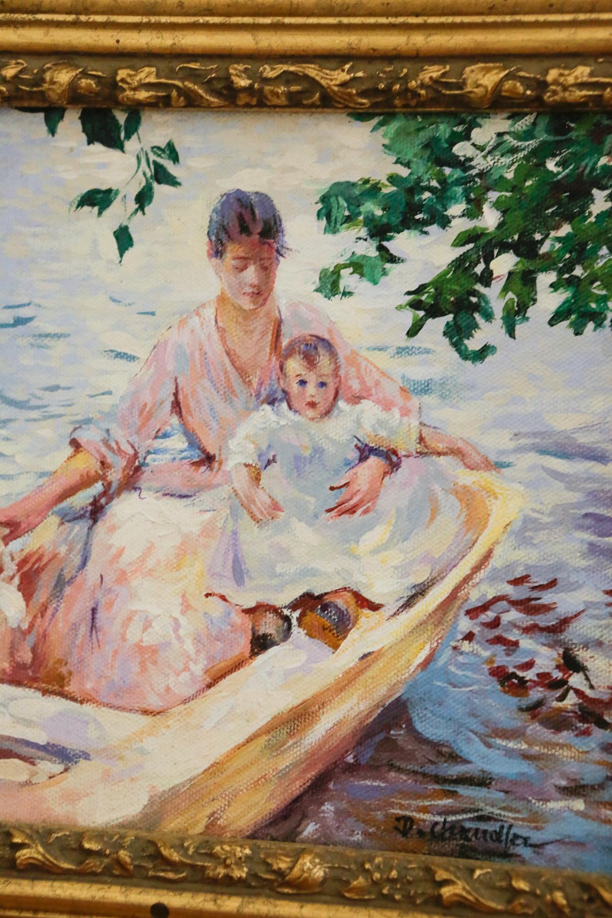 Öl auf leinwand gemälde von mutter und kind in einem boot von D. Chandler im Zustand „Gut“ in Armonk, NY
