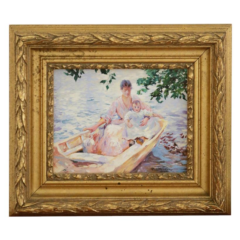 Oil on Canvas Painting of a Mother and Child in a Boat by D. Chandler