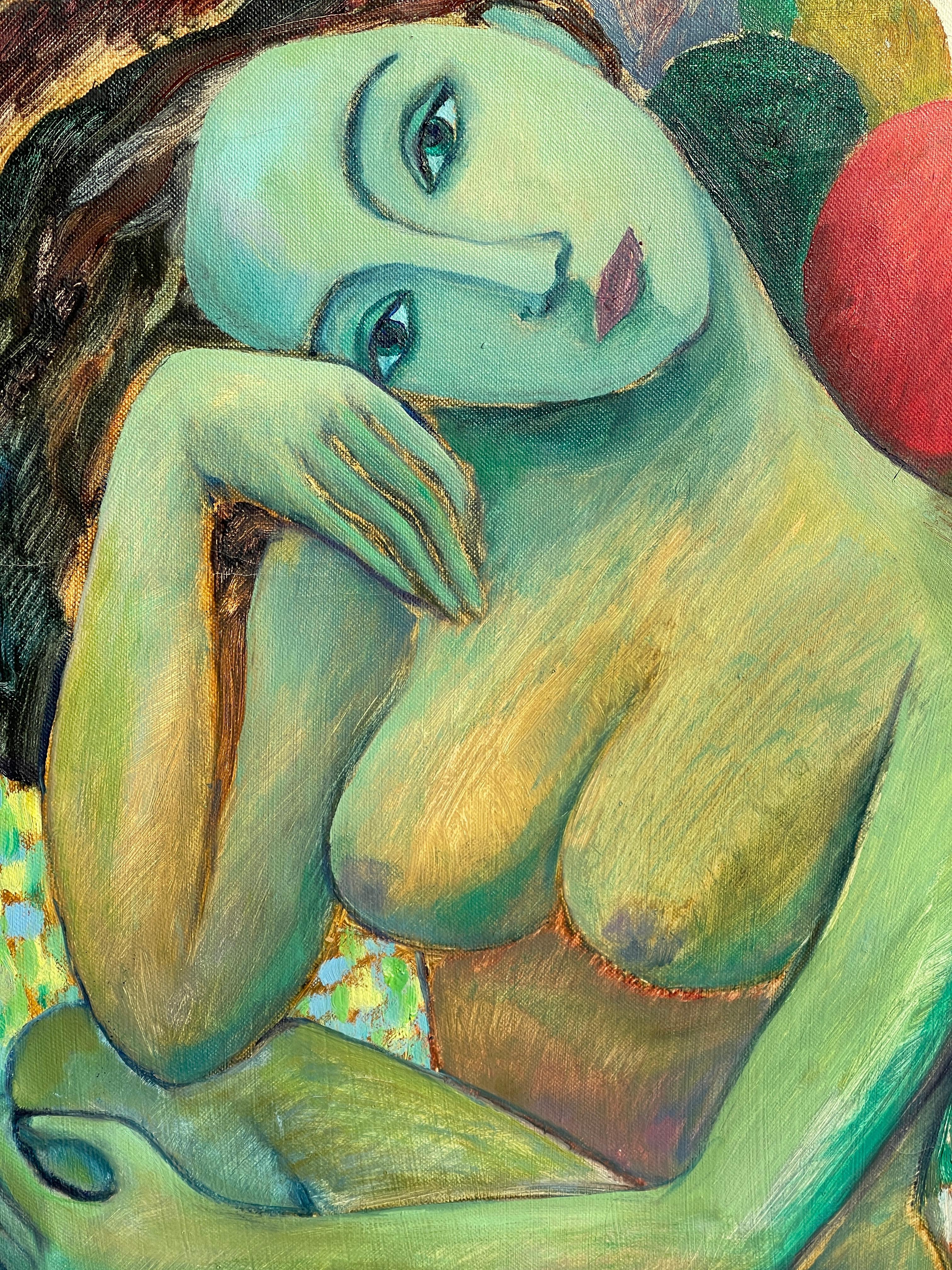 Post-Modern Oil on Canvas Painting of a Nude Woman by O. Phnumohosa, Dated 1997