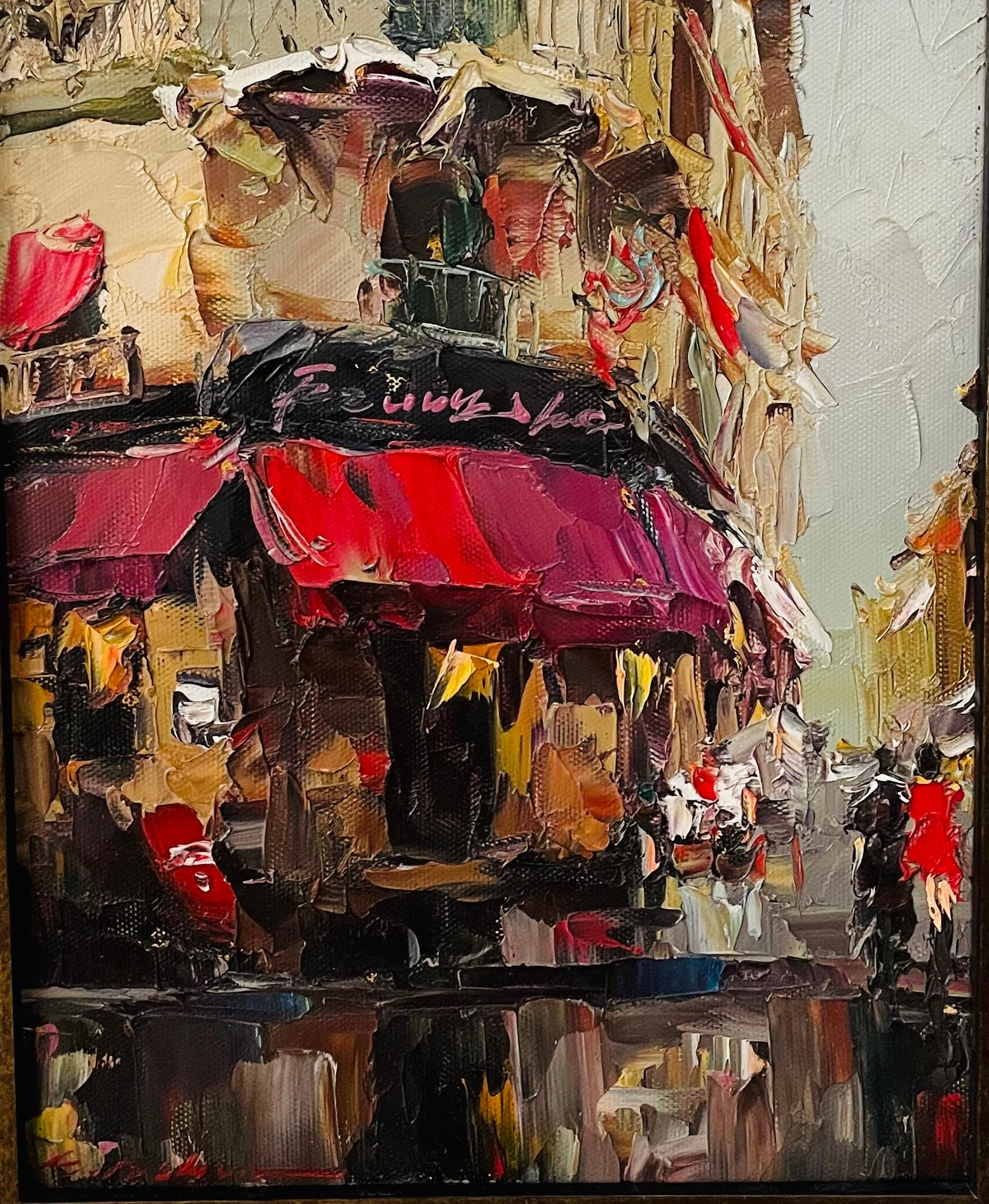 A lovely oil on canvas painting of a store front in the city of lights. The street Parisian scene is beautiful depicted in a beige, red and dark brown tones. The painting is signed by the artist and recently custom framed in an elegant champagne