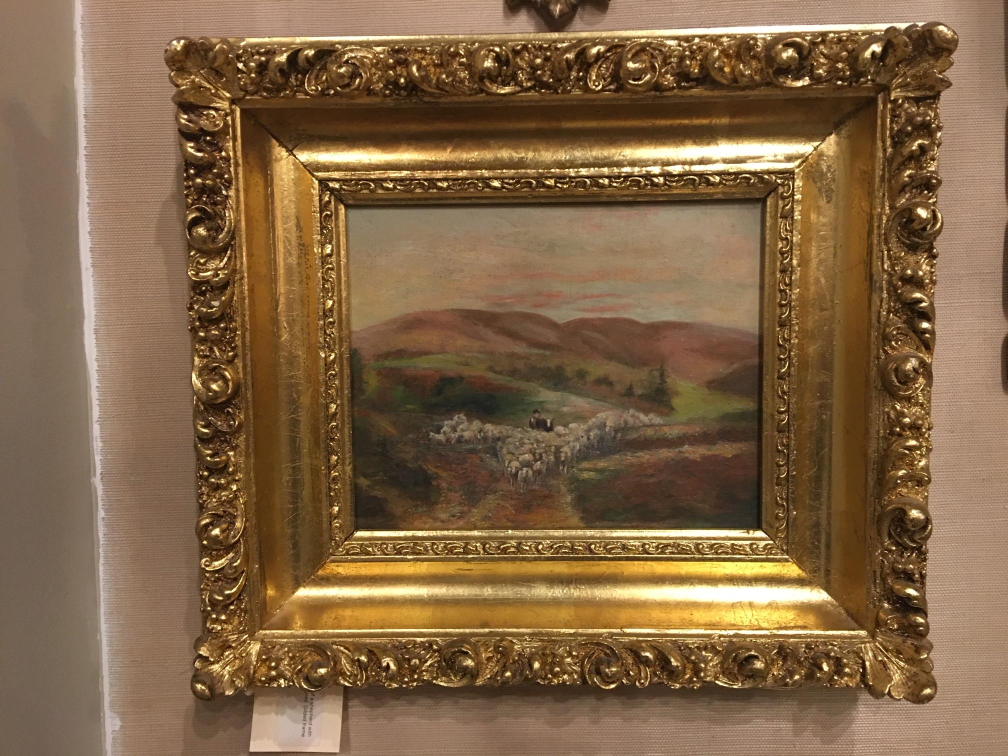 Huile sur toile représentant un berger avec des moutons dans un paysage de montagne, non signée, fin du 19e siècle.