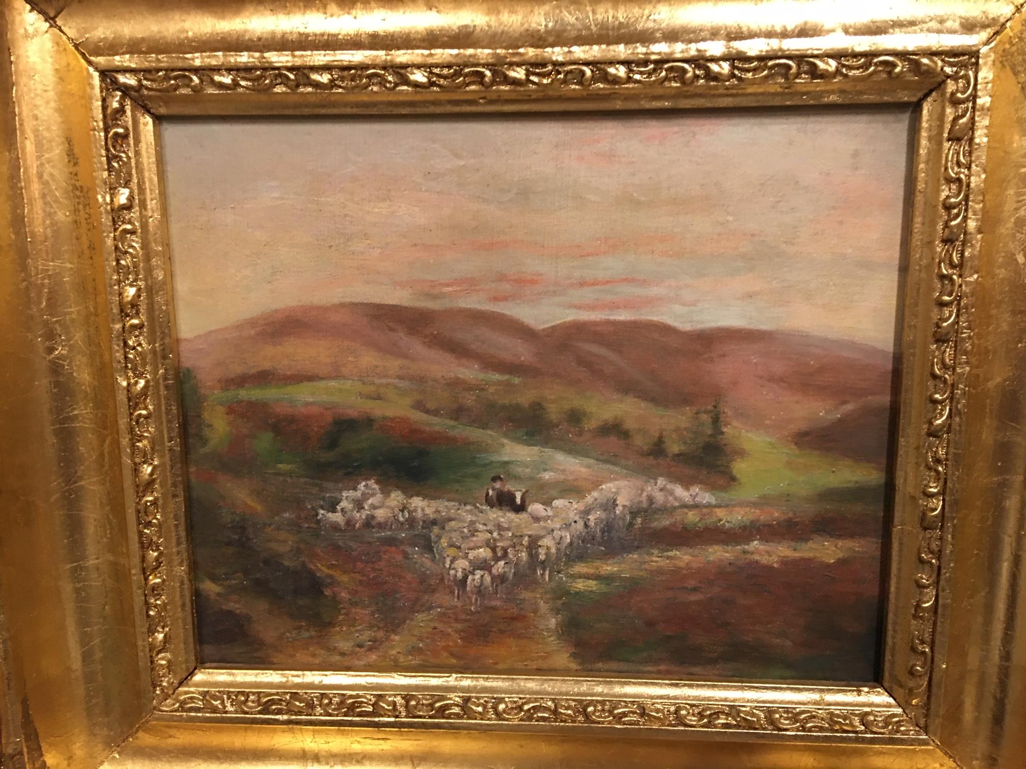 English Oil on Canvas Painting of a Shepherd with His Sheep, Unsigned, Late 19th Century For Sale