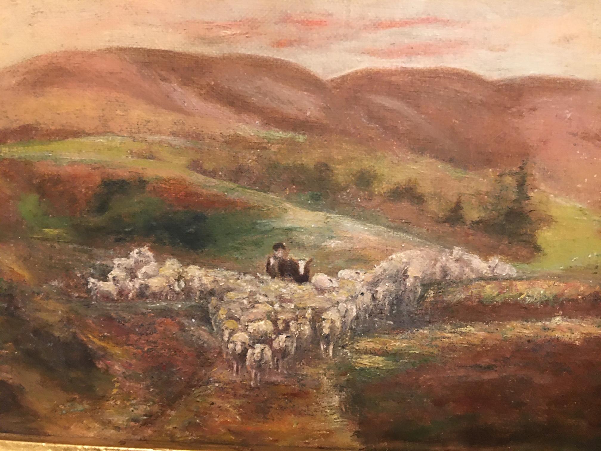 Peinture à l'huile sur toile d'un berger avec ses moutons, non signée, fin du XIXe siècle Bon état - En vente à Savannah, GA