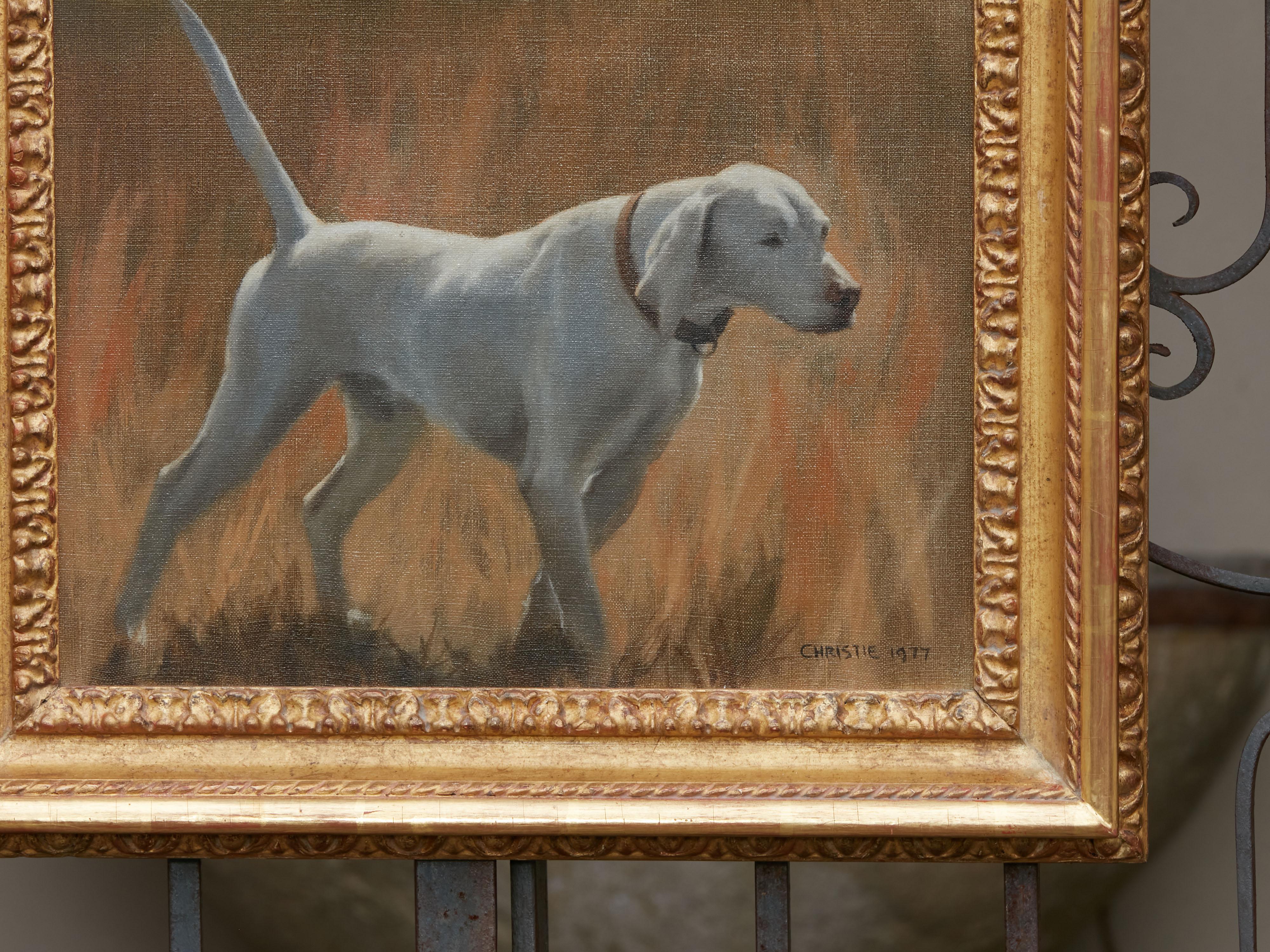 Hand-Painted Oil on Canvas Painting of a Sporting Dog in Giltwood Frame, Signed Christie