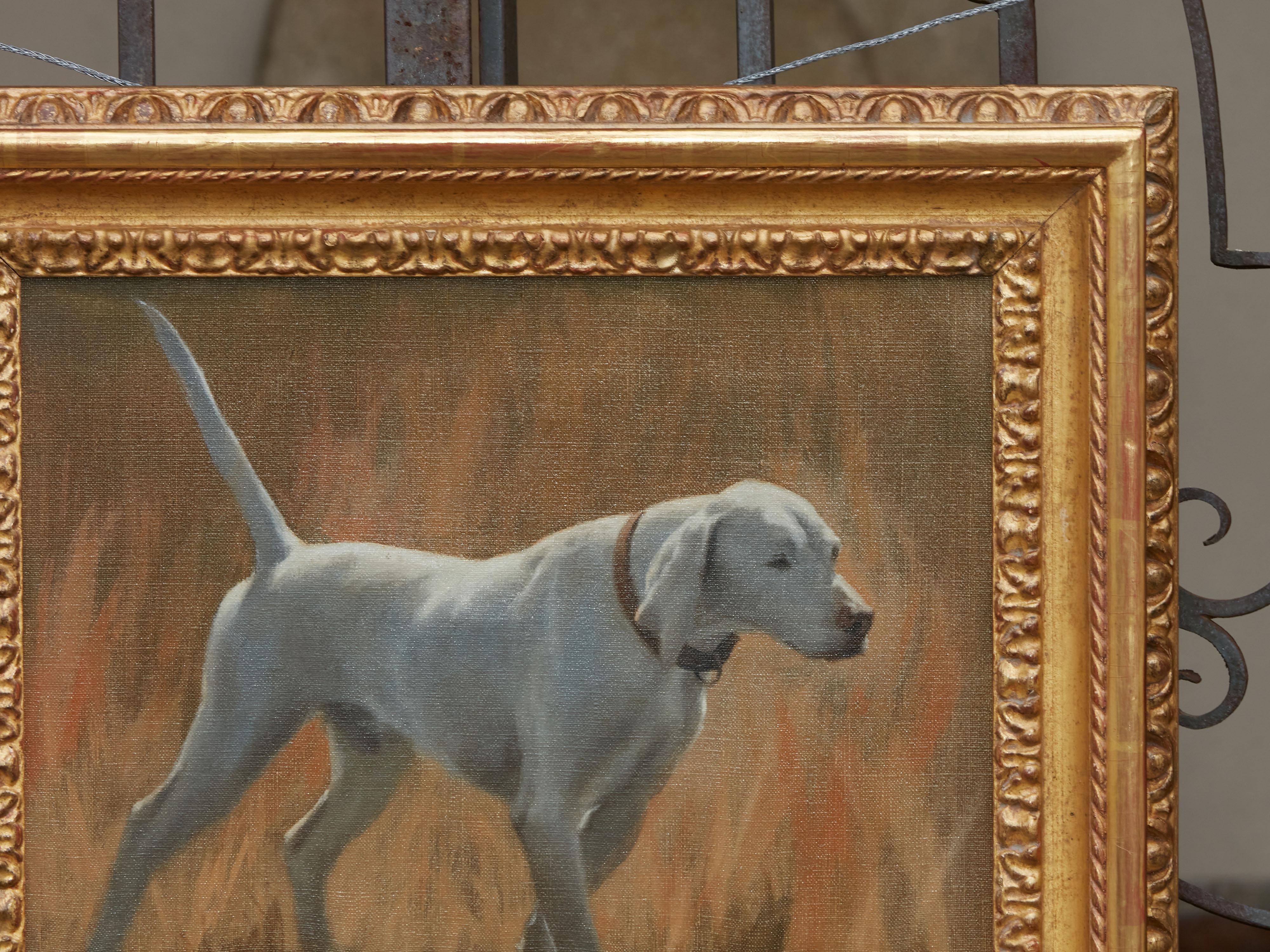 Oil on Canvas Painting of a Sporting Dog in Giltwood Frame, Signed Christie In Good Condition In Atlanta, GA