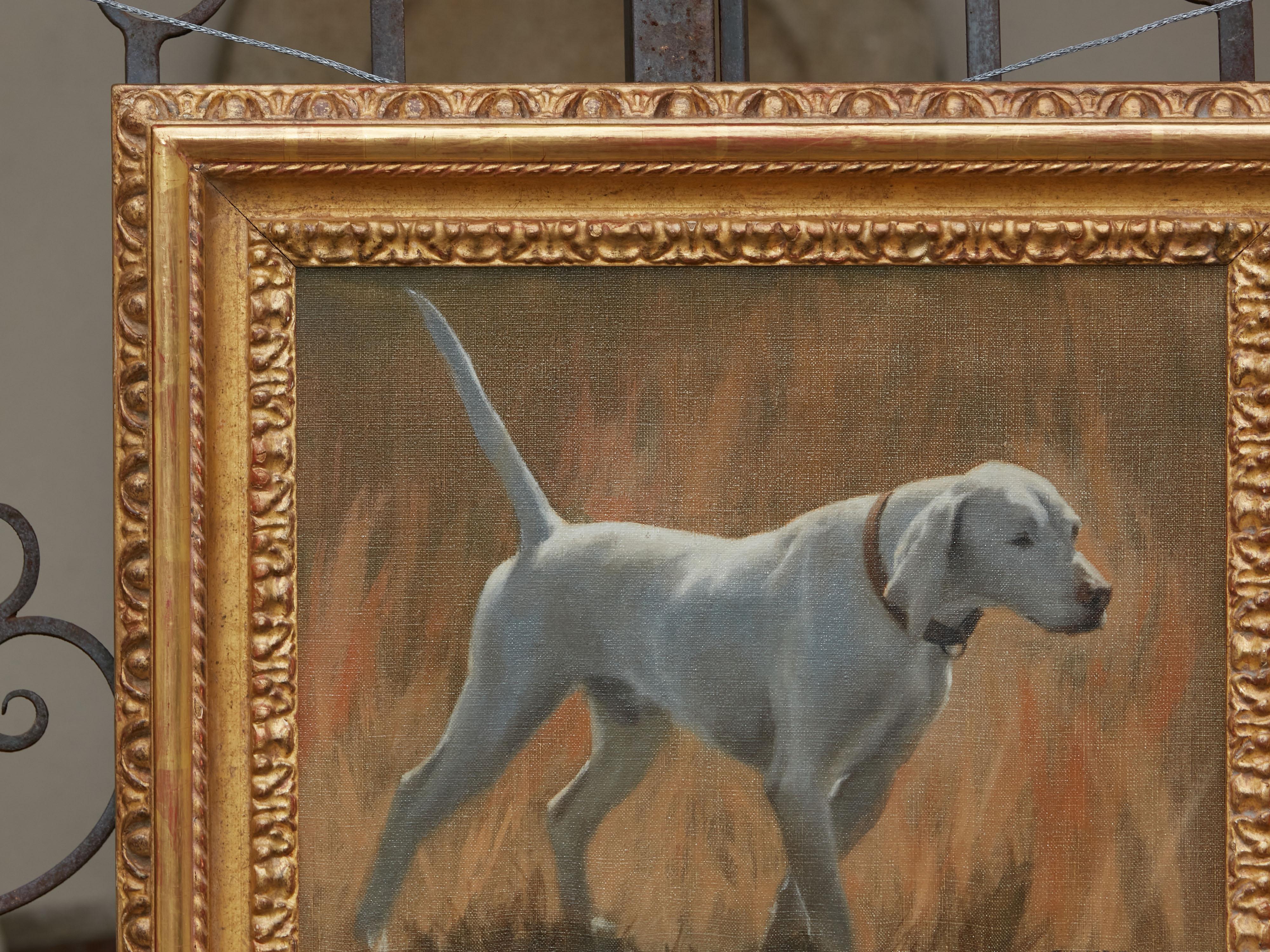 20th Century Oil on Canvas Painting of a Sporting Dog in Giltwood Frame, Signed Christie