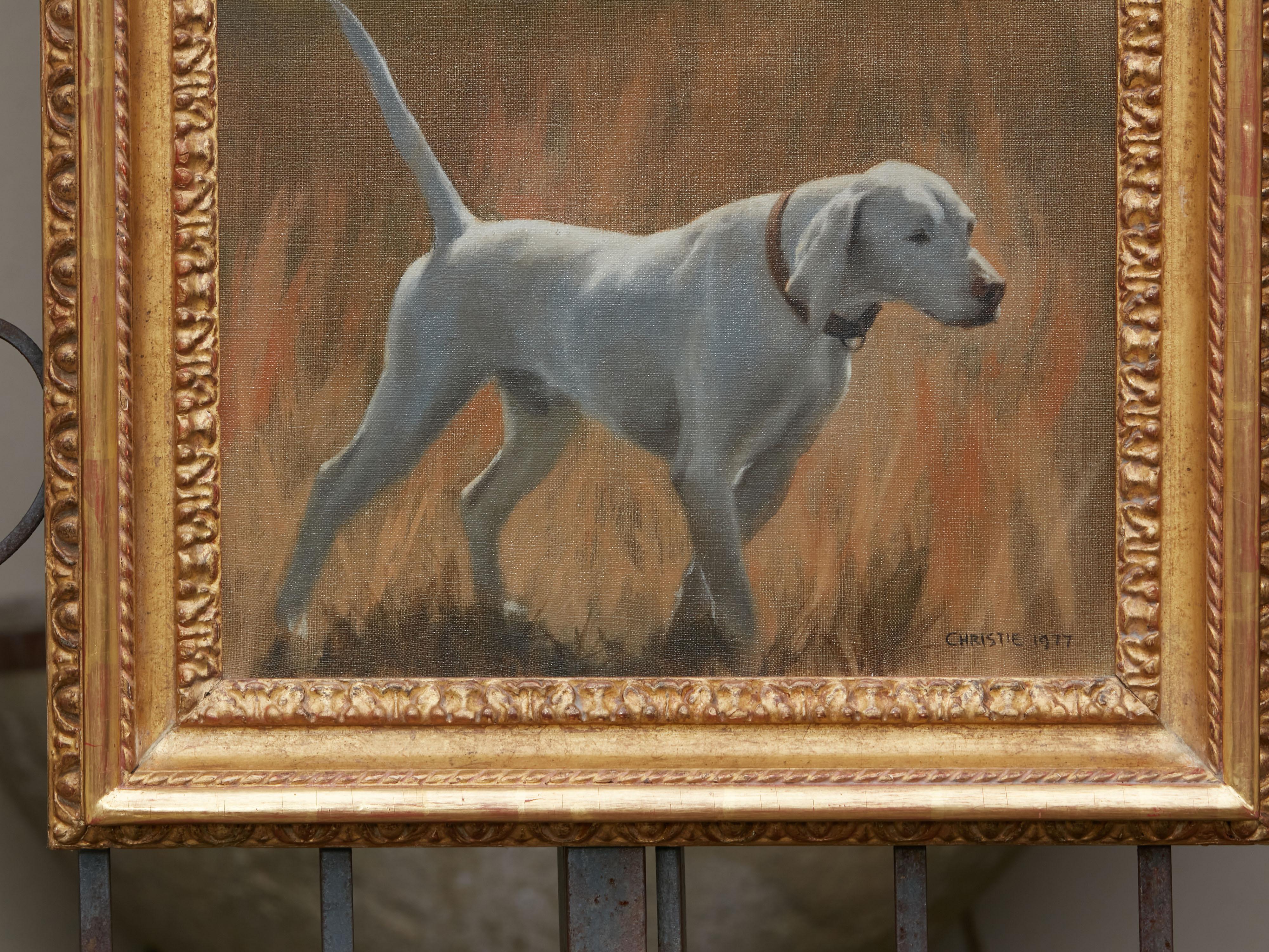 Oil on Canvas Painting of a Sporting Dog in Giltwood Frame, Signed Christie 1