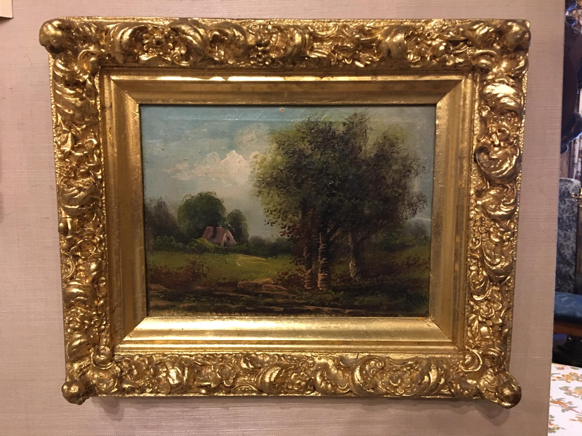 Oil on canvas painting of a summer landscape with house and trees, unsigned, late 19th century.