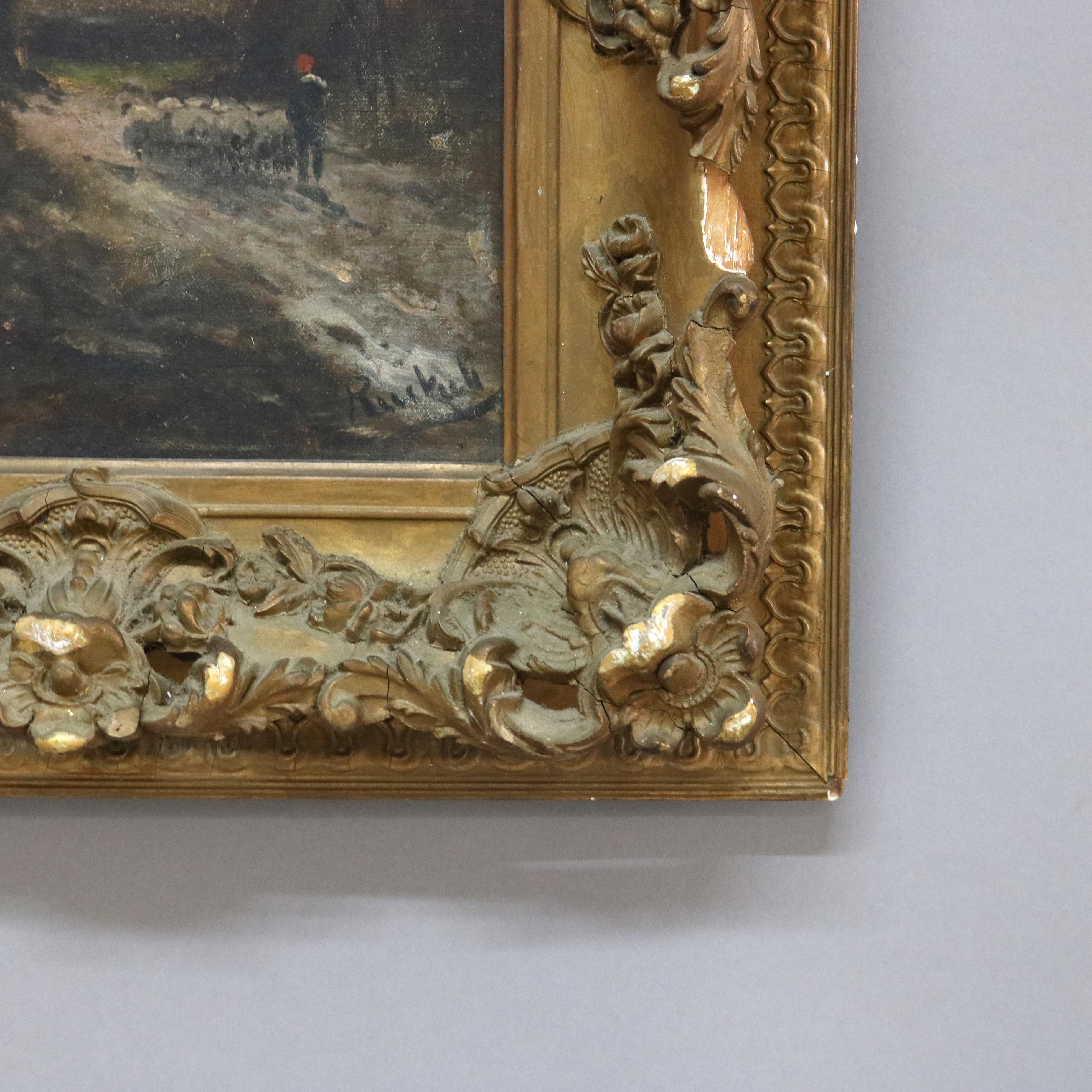 Pintura al óleo sobre lienzo de escena paisajística al atardecer C1890.
15 5/8