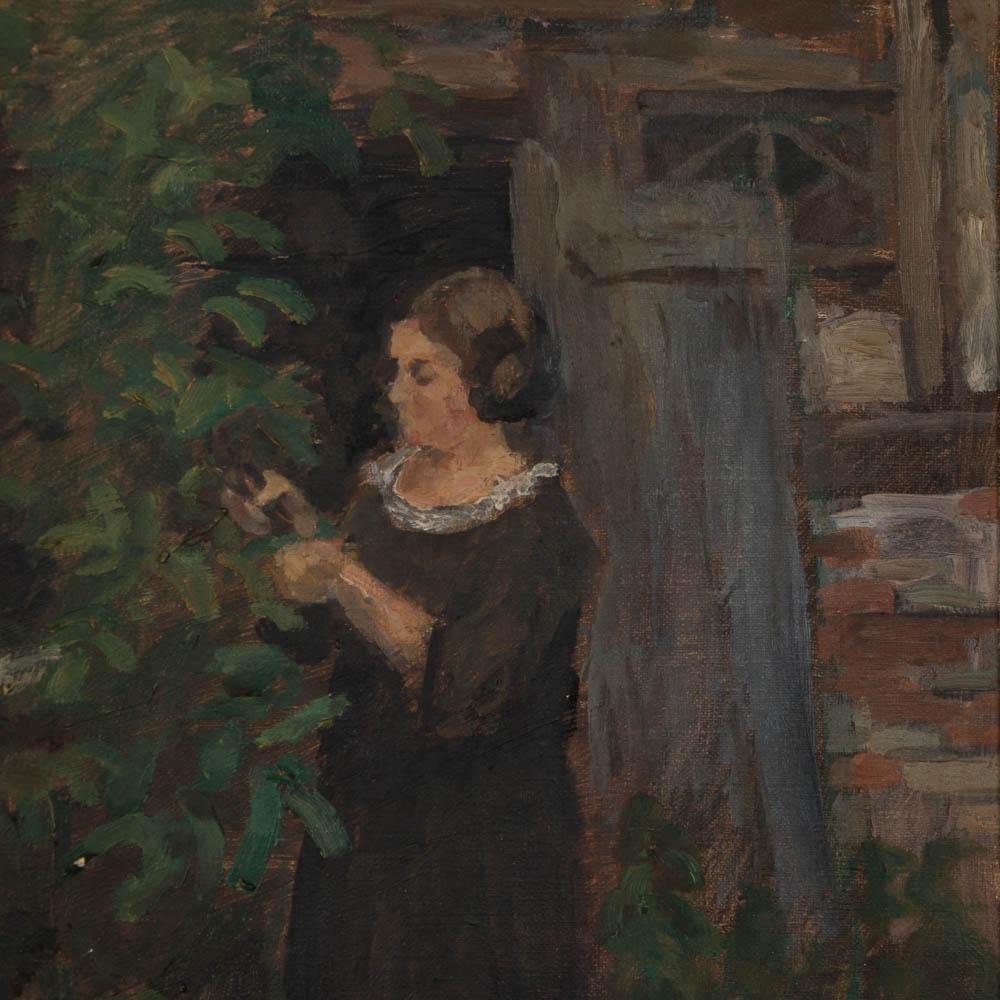 Danish Oil on Canvas Painting of a Woman in the Garden by Majsa Bredsdorff