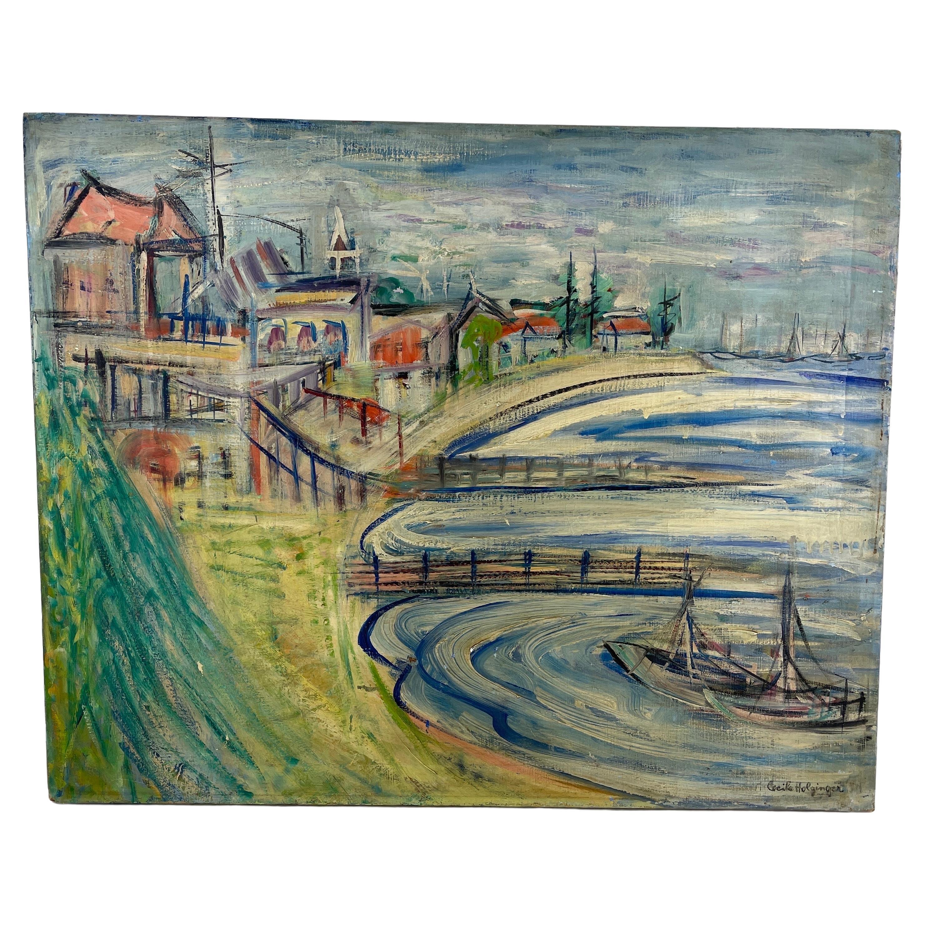 Milieu du XXe siècle Peinture à l'huile sur toile de la plage et de la côte par C. Holginger en vente