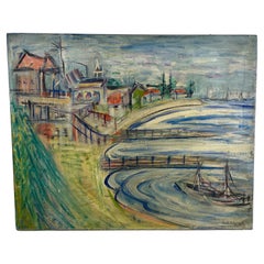 Pittura a olio su tela con spiaggia e litorale di C. Holginger