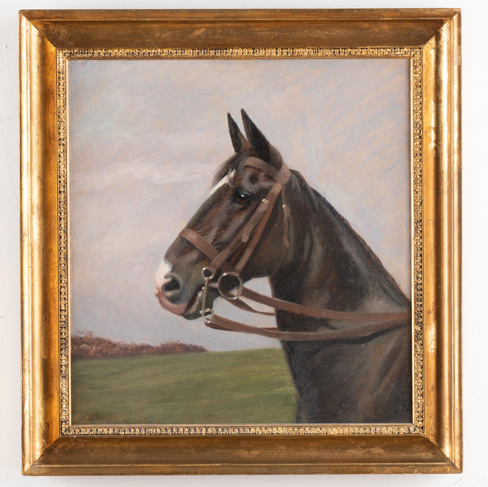 Original oil on canvas painting of black horse with a white blaze by Adolf Heinrich-Hansen.
Signed Ad. H.- H.
Condition: Minor crackles, a few minimal peelings. The canvas may benifit from tightening and light cleaning which we leave to the