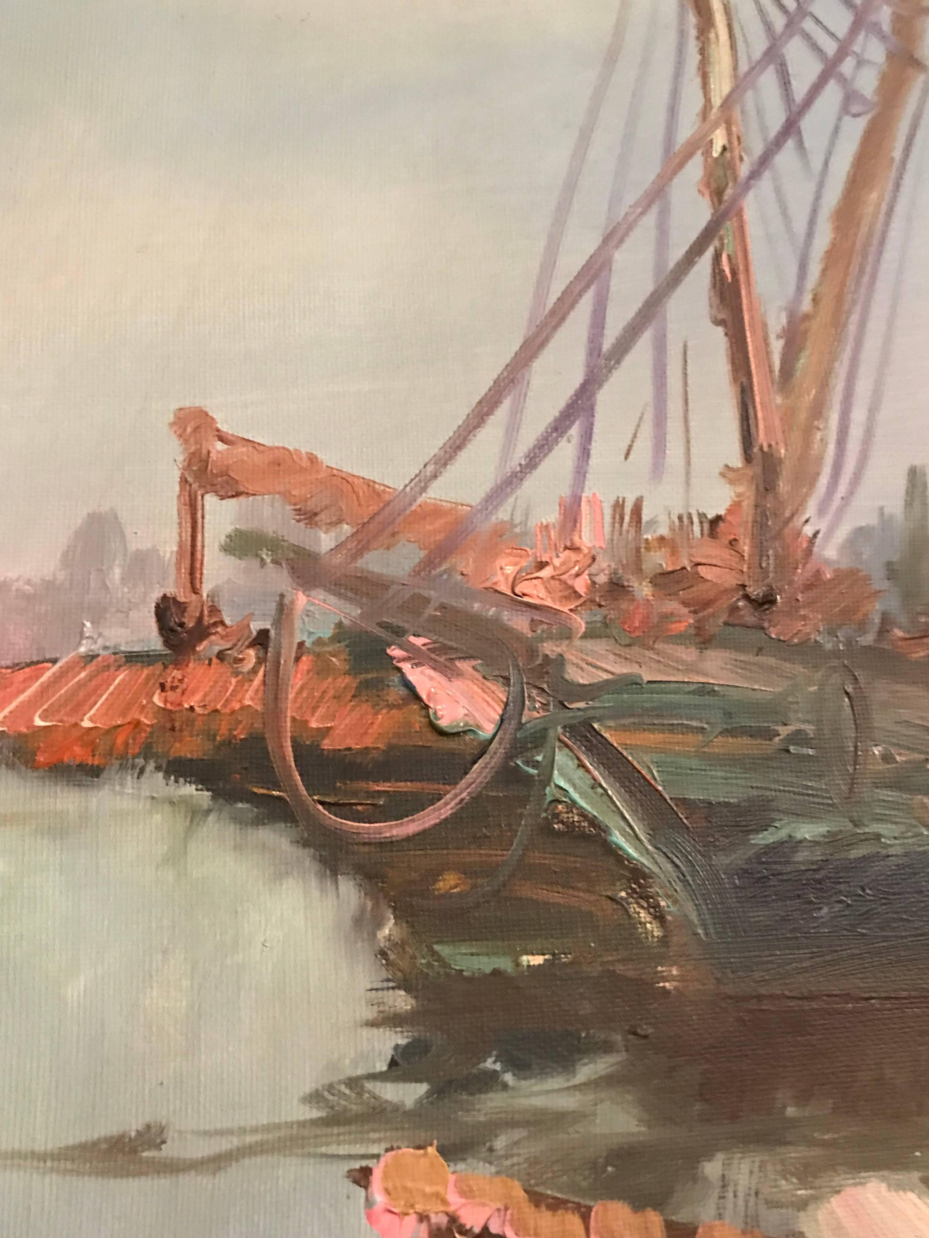 Oil on Canvas Painting of Boats Signed A Valdez Fishing Boats at the Dock In Good Condition In Stamford, CT