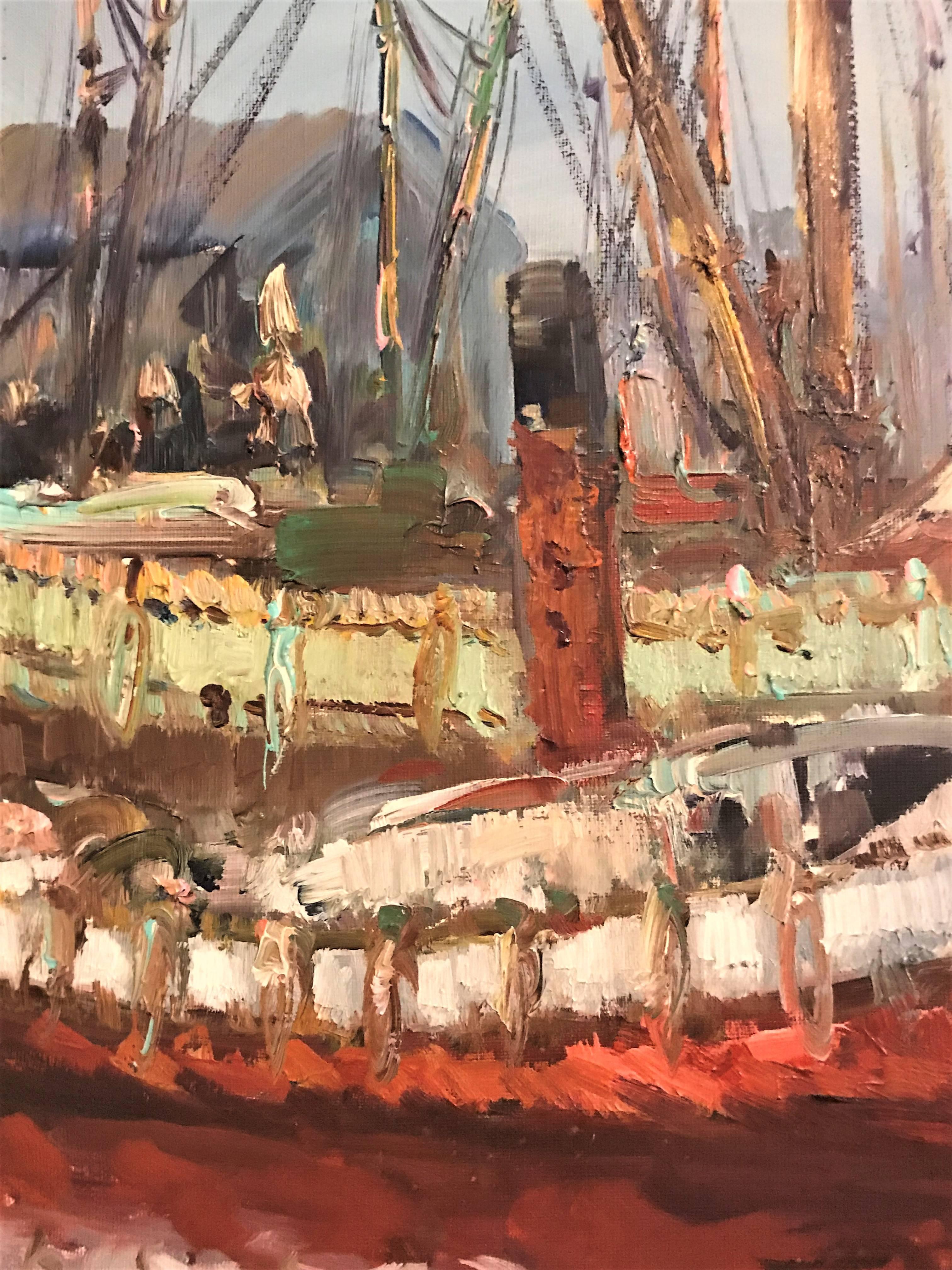 Oil on Canvas Painting of Boats Signed A Valdez Fishing Boats at the Dock 1