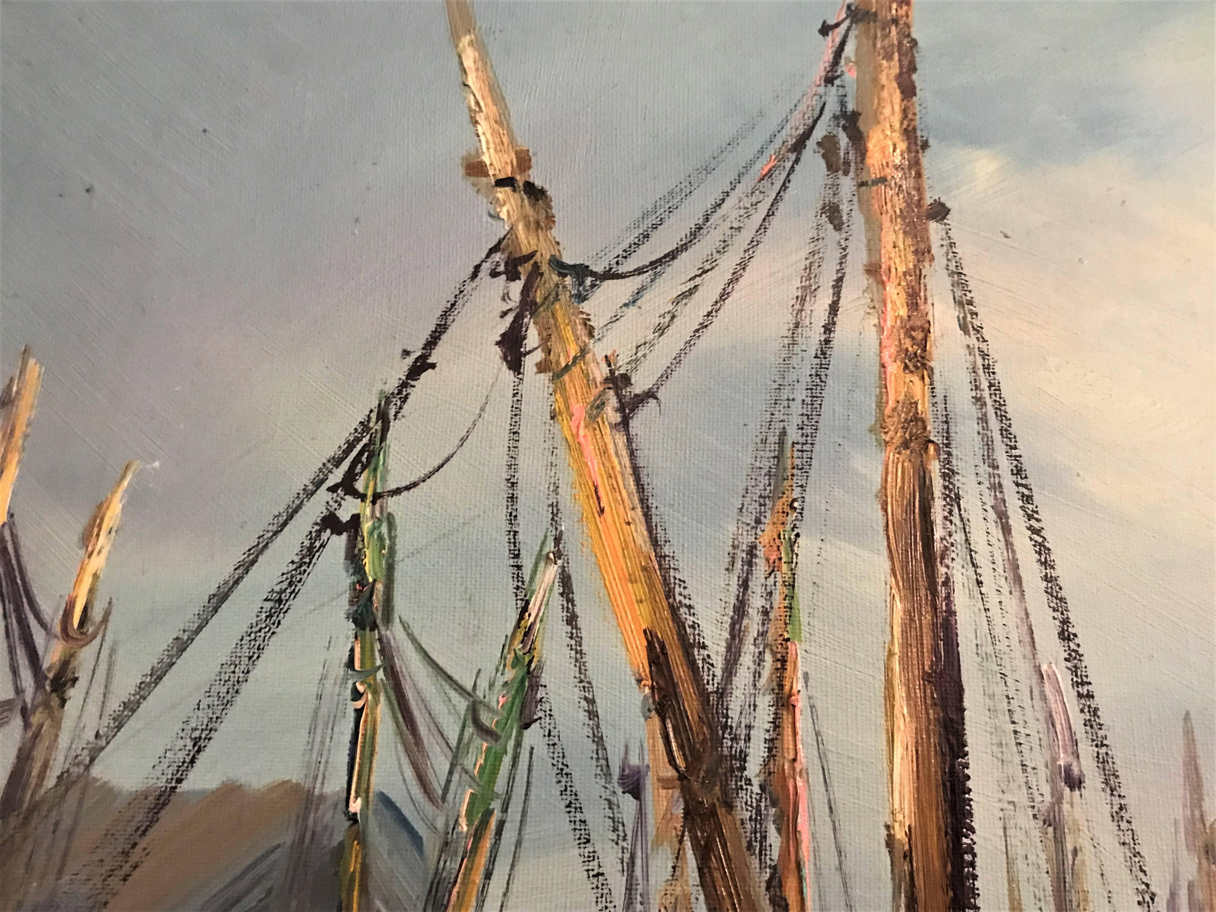 Oil on Canvas Painting of Boats Signed A Valdez Fishing Boats at the Dock 2