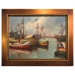 Oil on Canvas Painting of Boats Signed A Valdez Fishing Boats at the Dock