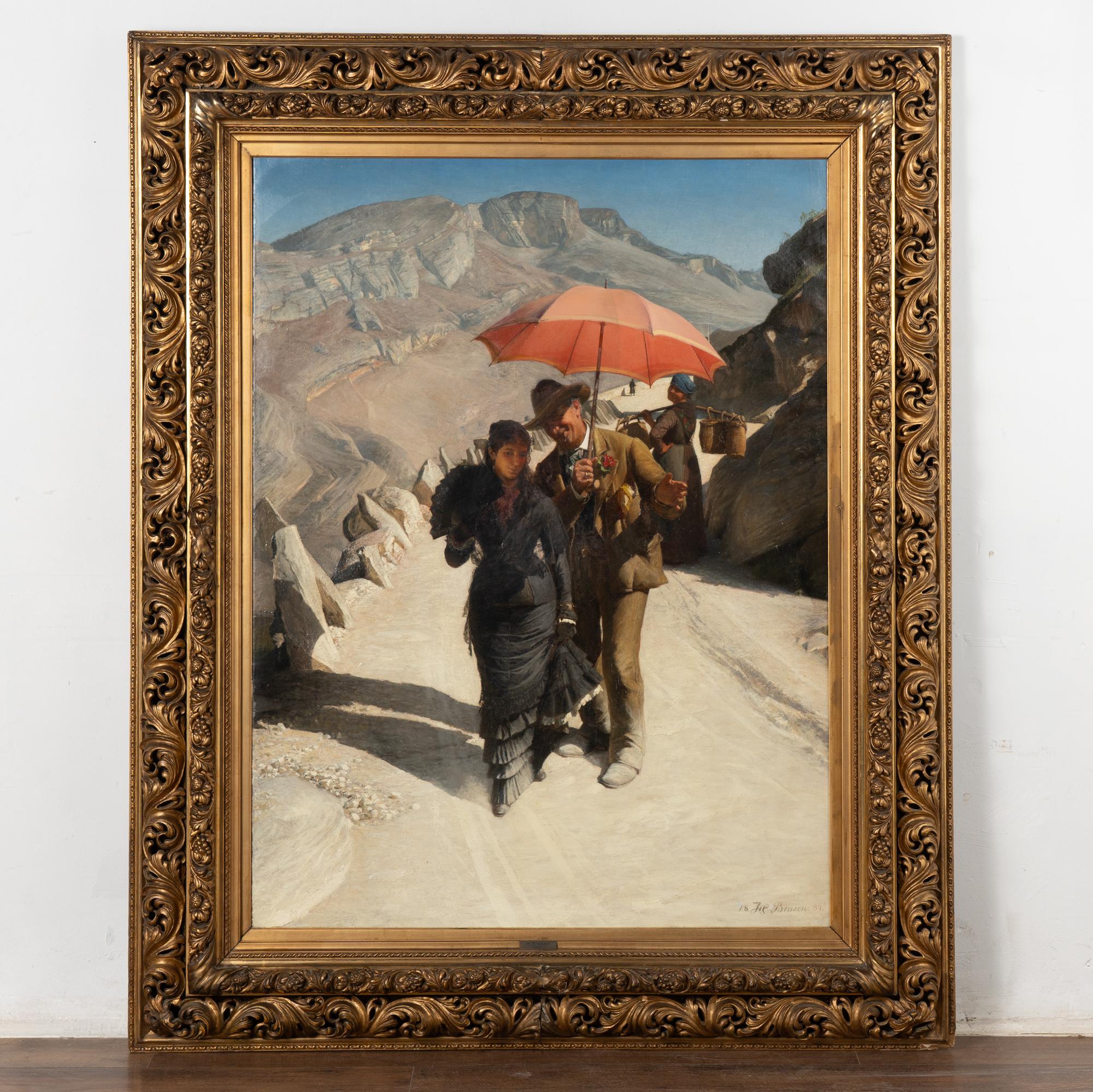 Original large oil on canvas painting of older man courting a younger lady on a sunny road near Lake Garda, Italy.
Signed and dated H. Brasen 1884. 
Exhibited: Charlottenborg 1885 no. 53.
Condition: Craquelure, retouches. A minor repair/patch on the