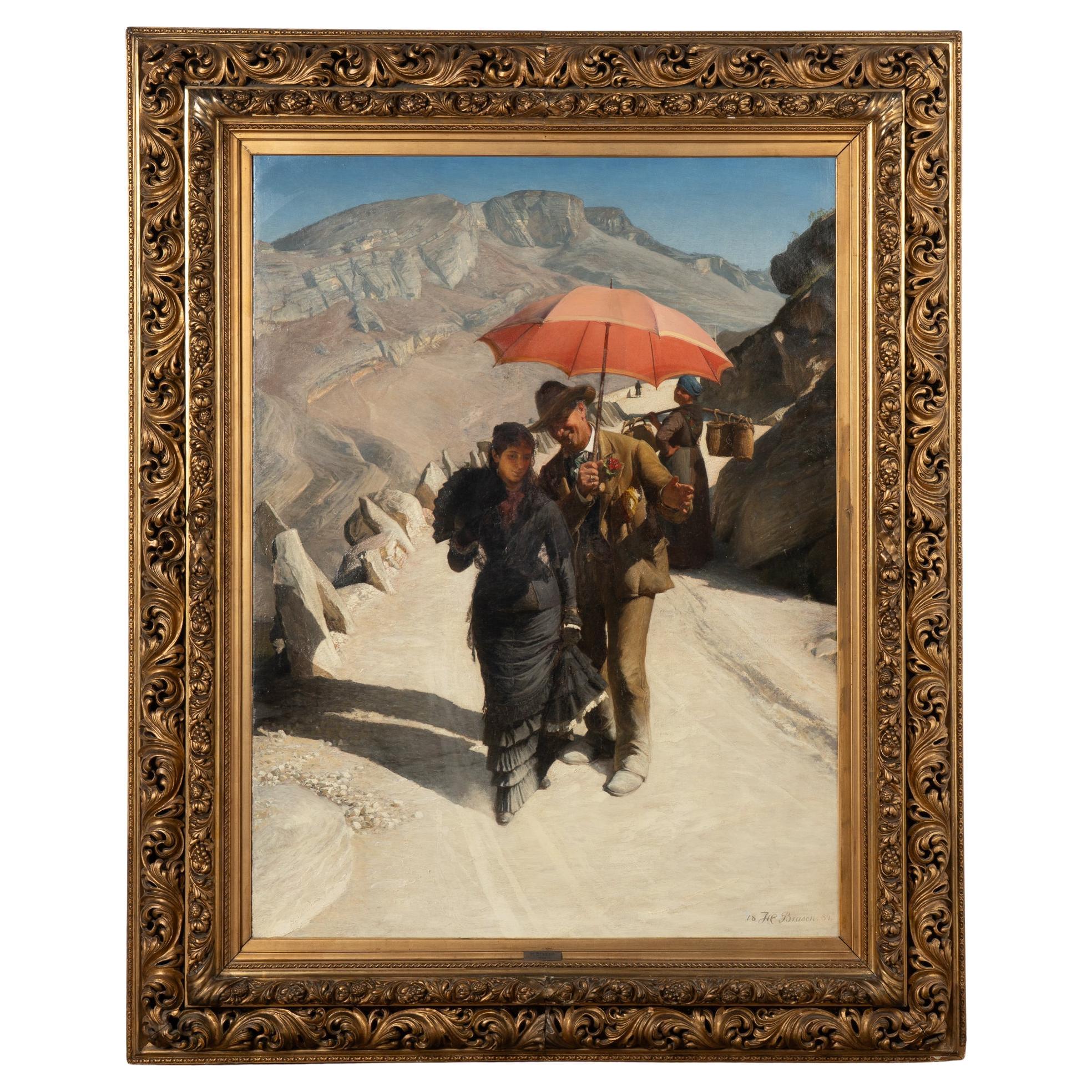 Oil on Canvas Painting of Couple Near Lake Garda, Italy Signed & Dated 1884