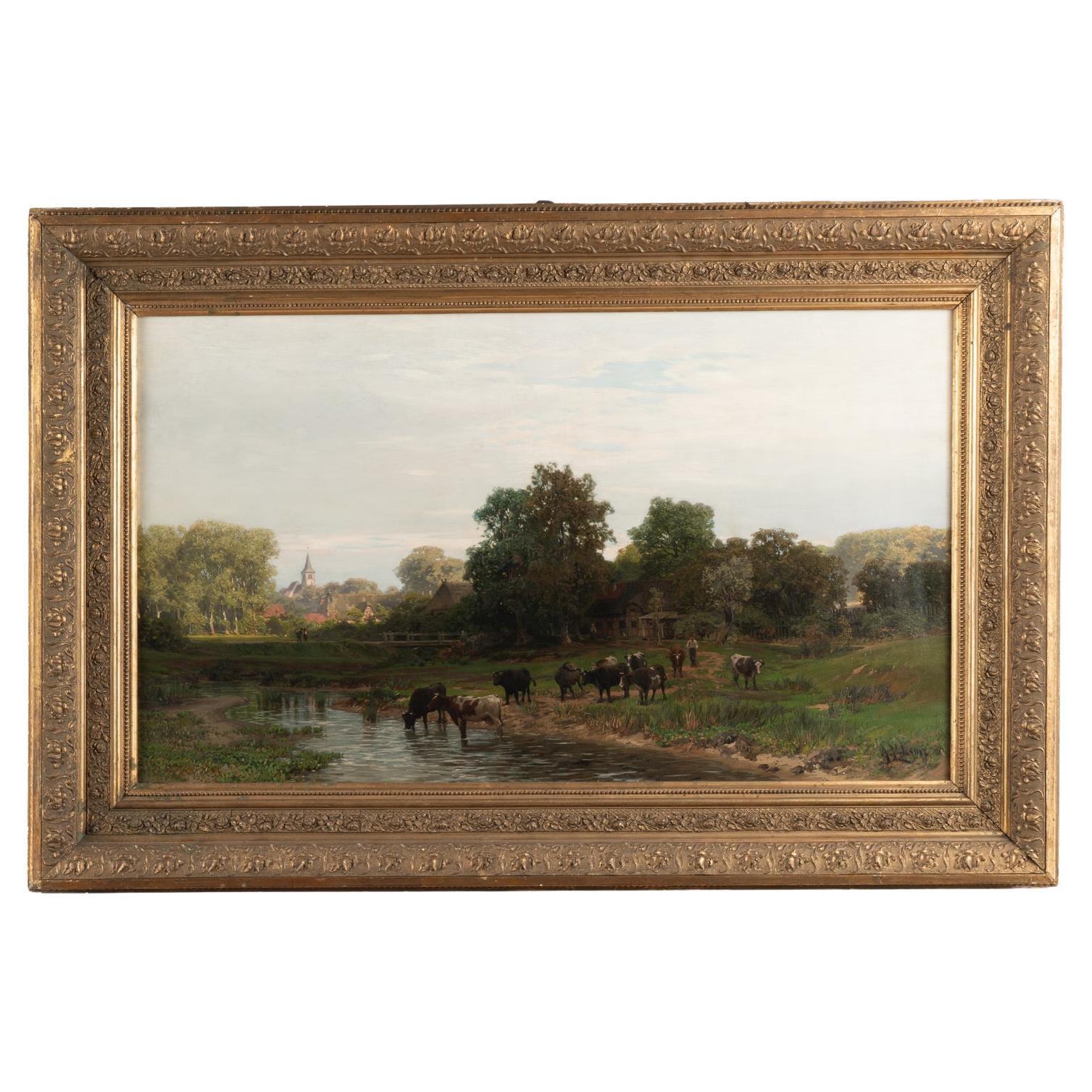 Oil on Canvas Painting of Cows by Stream, dated 1895 signed Alfred Metzener