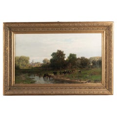 Antique Oil on Canvas Painting of Cows by Stream, dated 1895 signed Alfred Metzener