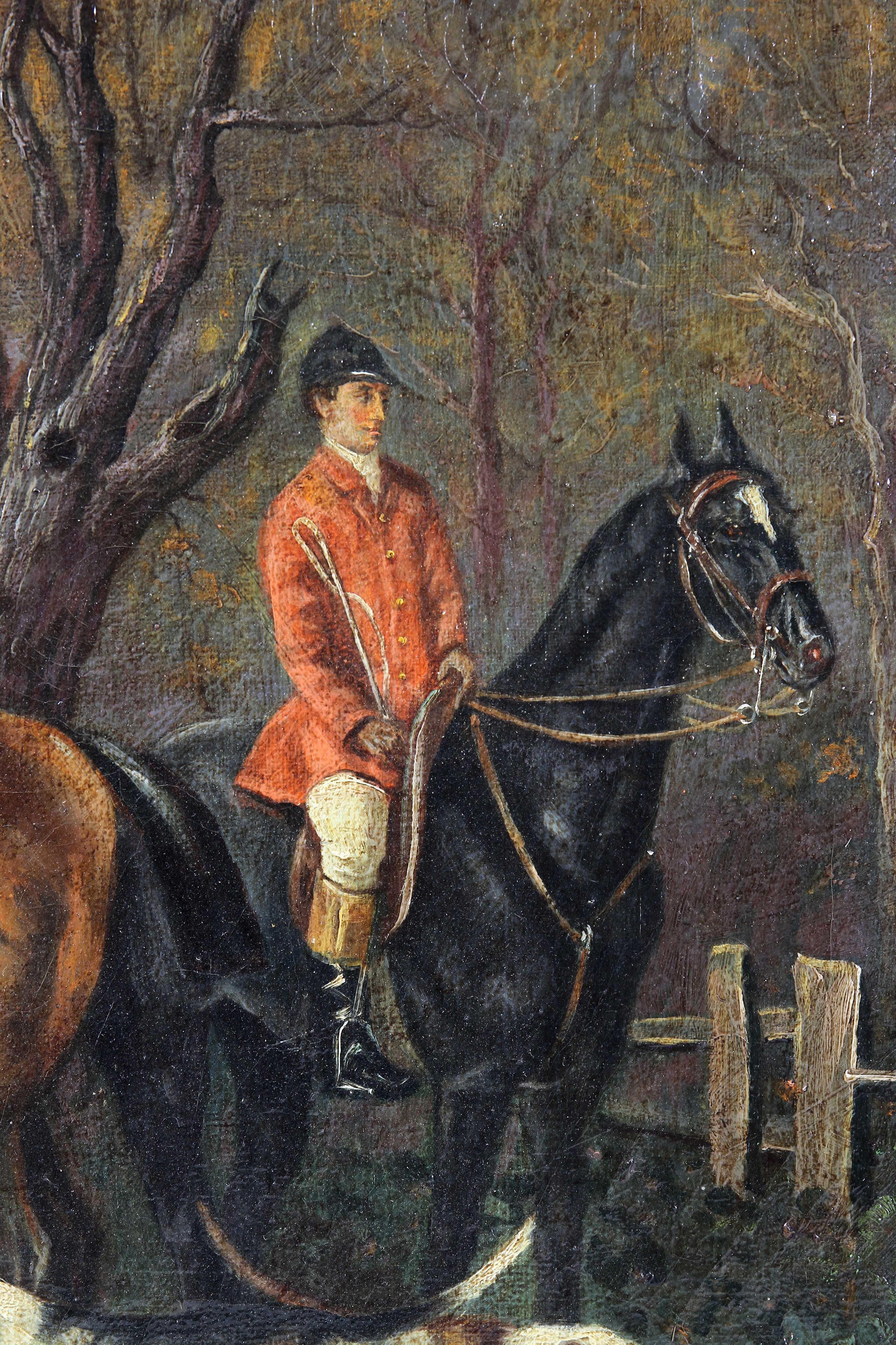 Depicting two red jacketed riders on horseback with their hounds in wooded landscape with field in distance. Giltwood frame.